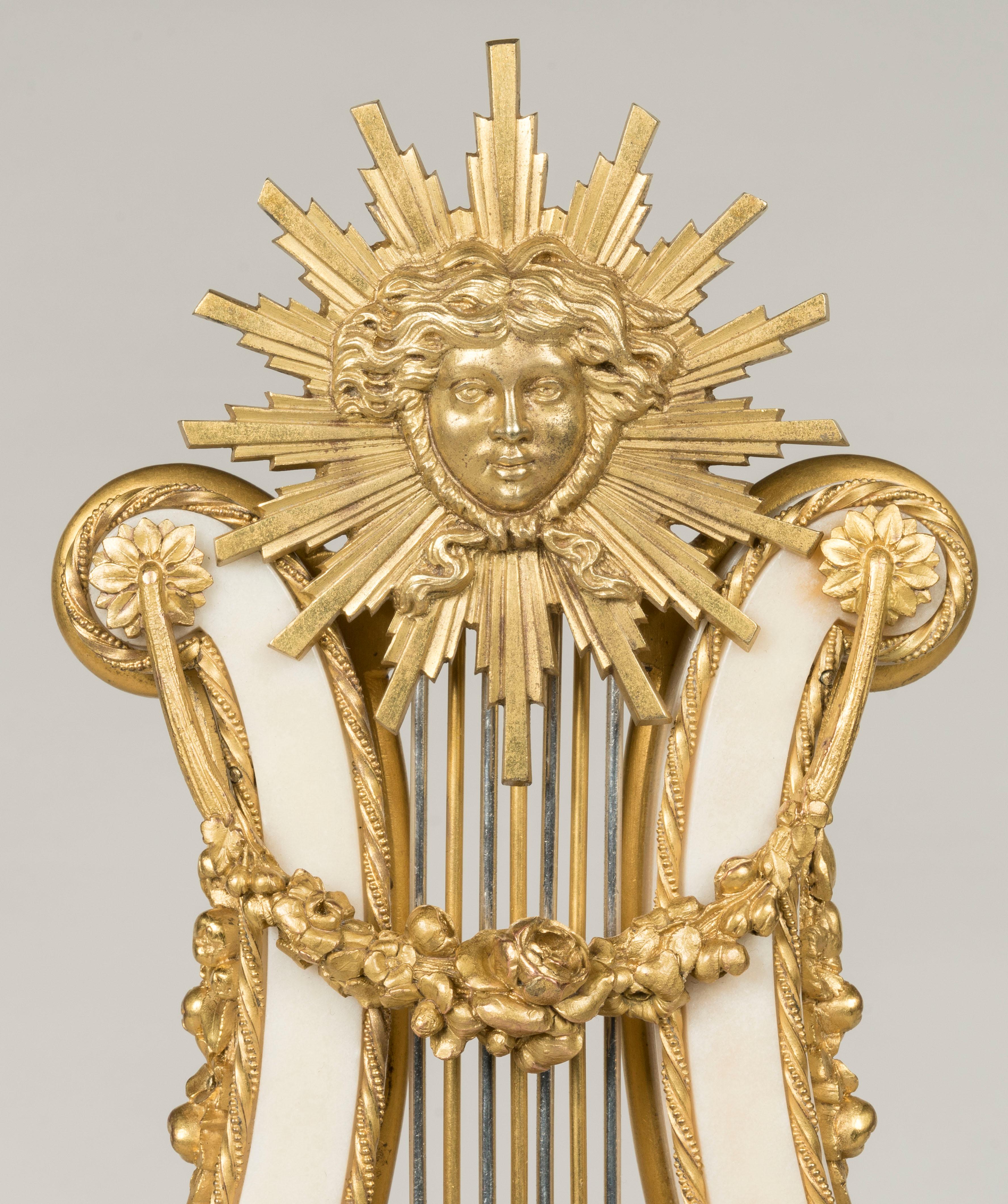 Lyre-Uhr aus Marmor und Goldbronze aus dem 19. Jahrhundert im Louis-XVI-Stil im Angebot 1