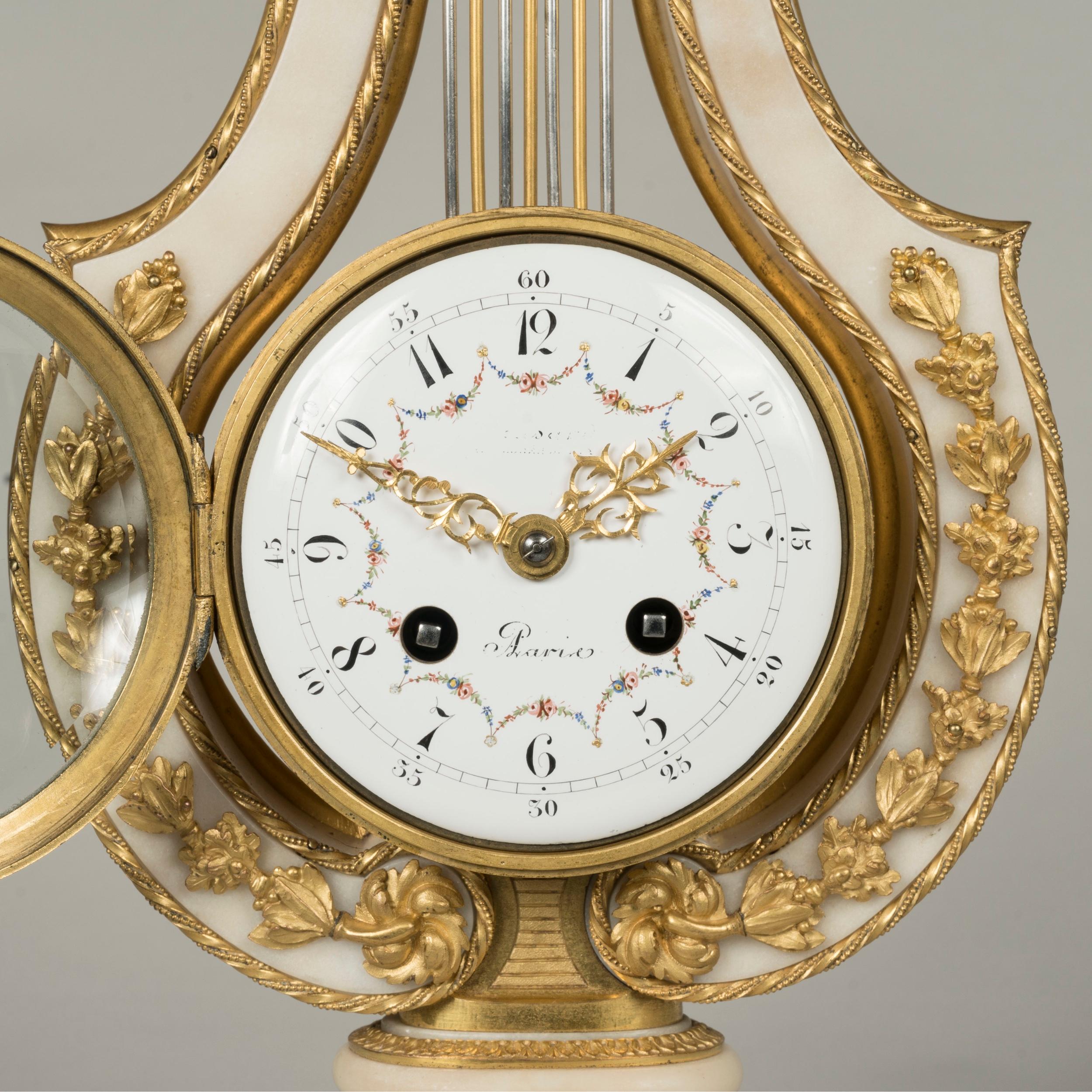 Lyre-Uhr aus Marmor und Goldbronze aus dem 19. Jahrhundert im Louis-XVI-Stil im Angebot 2
