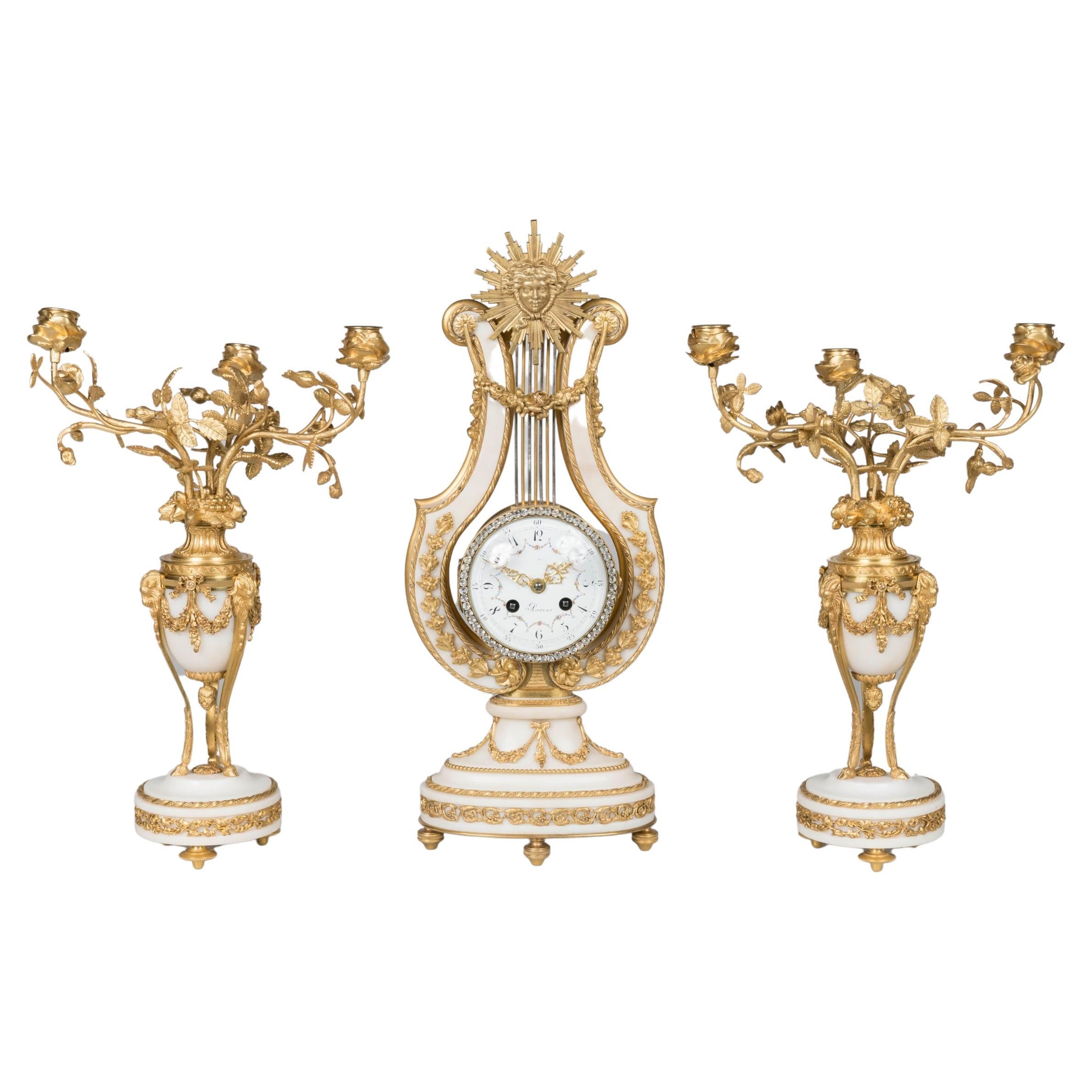 Lyre-Uhr aus Marmor und Goldbronze aus dem 19. Jahrhundert im Louis-XVI-Stil