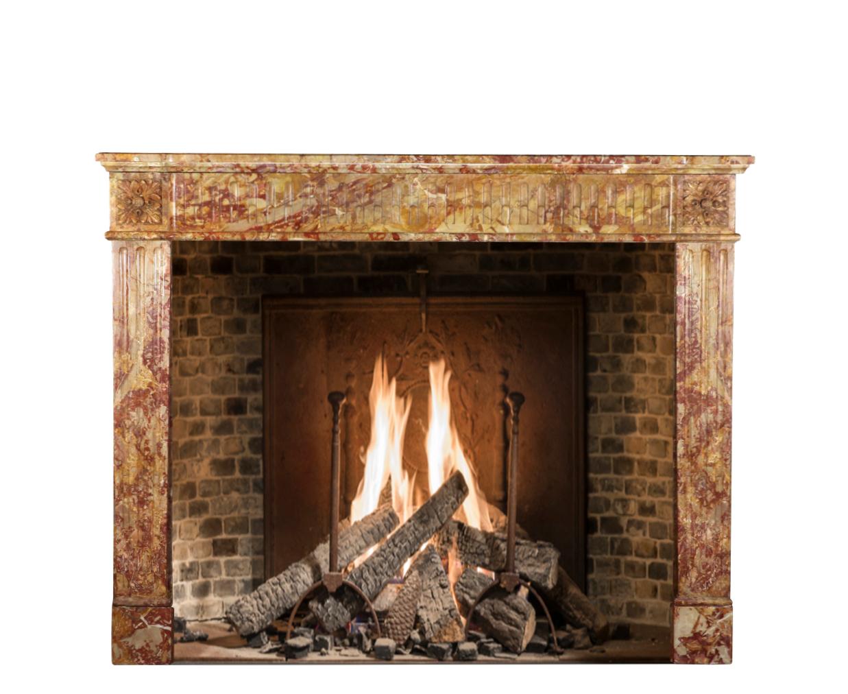 This exclusive and rich colourful marble fireplace surround is a prefect match for a contemporary eclectic chic interior design concept. The Louis XVI style is classic and high in quality. The front piece had a restoration. 19th Century period for