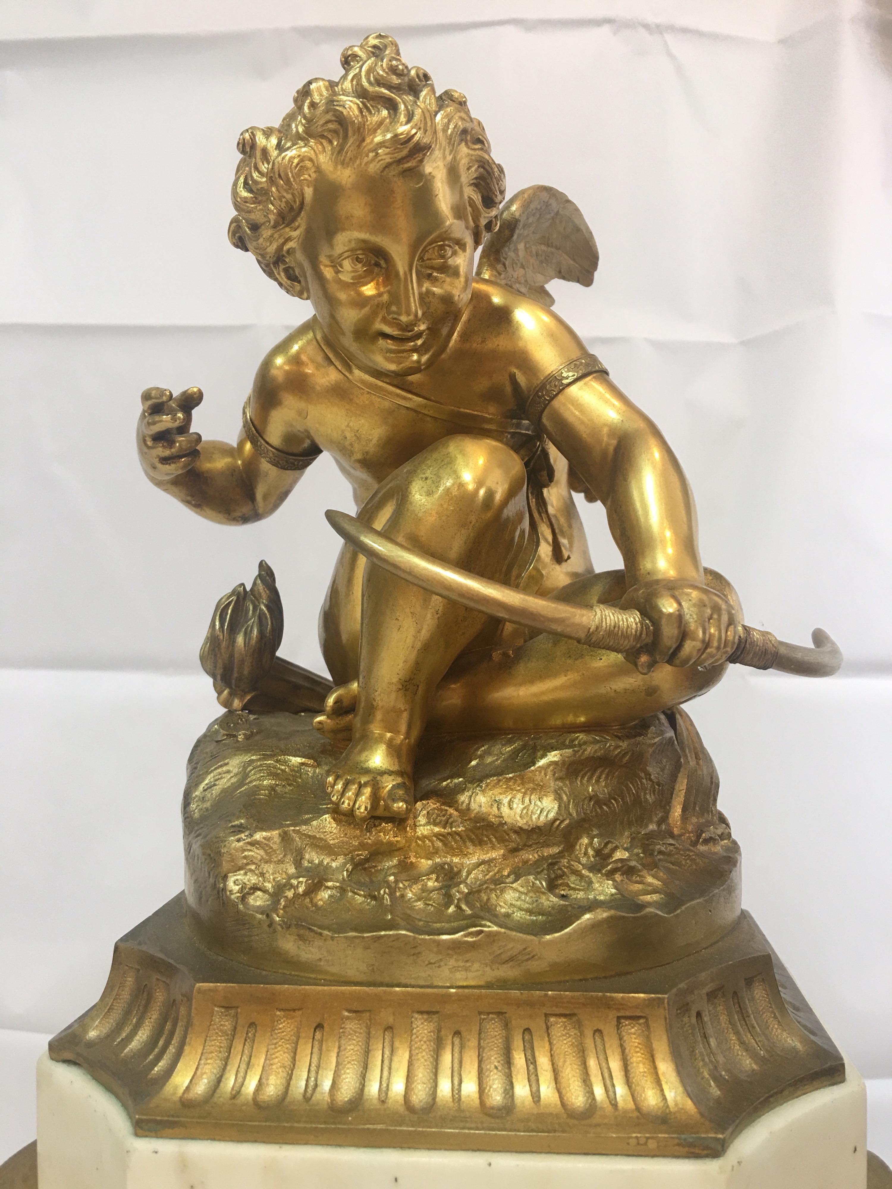 A large white marble French clock with ormulu mounts with finely chased gilt-bronzed cherubs along with a good quality French striking movement by Leroy & Fils. Made in the period of 1850, but made in a Greek style. The clock measures 18 inches high