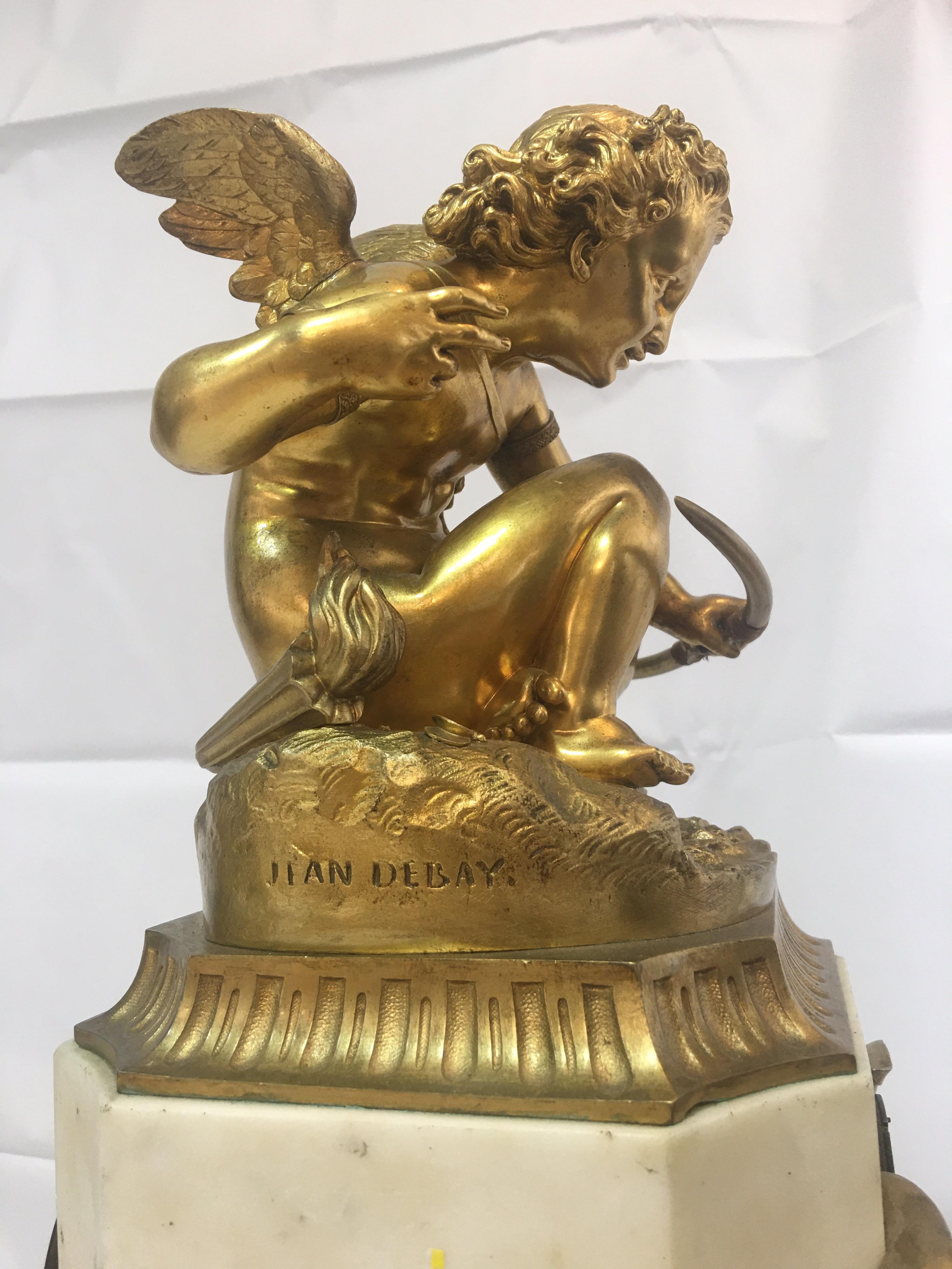 Classical Greek 19th Century Marble Based Mantle Clock with Cherubs For Sale