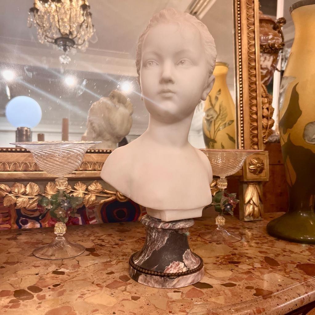 19th Century Marble Bust of Louise Brongniart on Violet Breccia Marble Pedestal For Sale 7