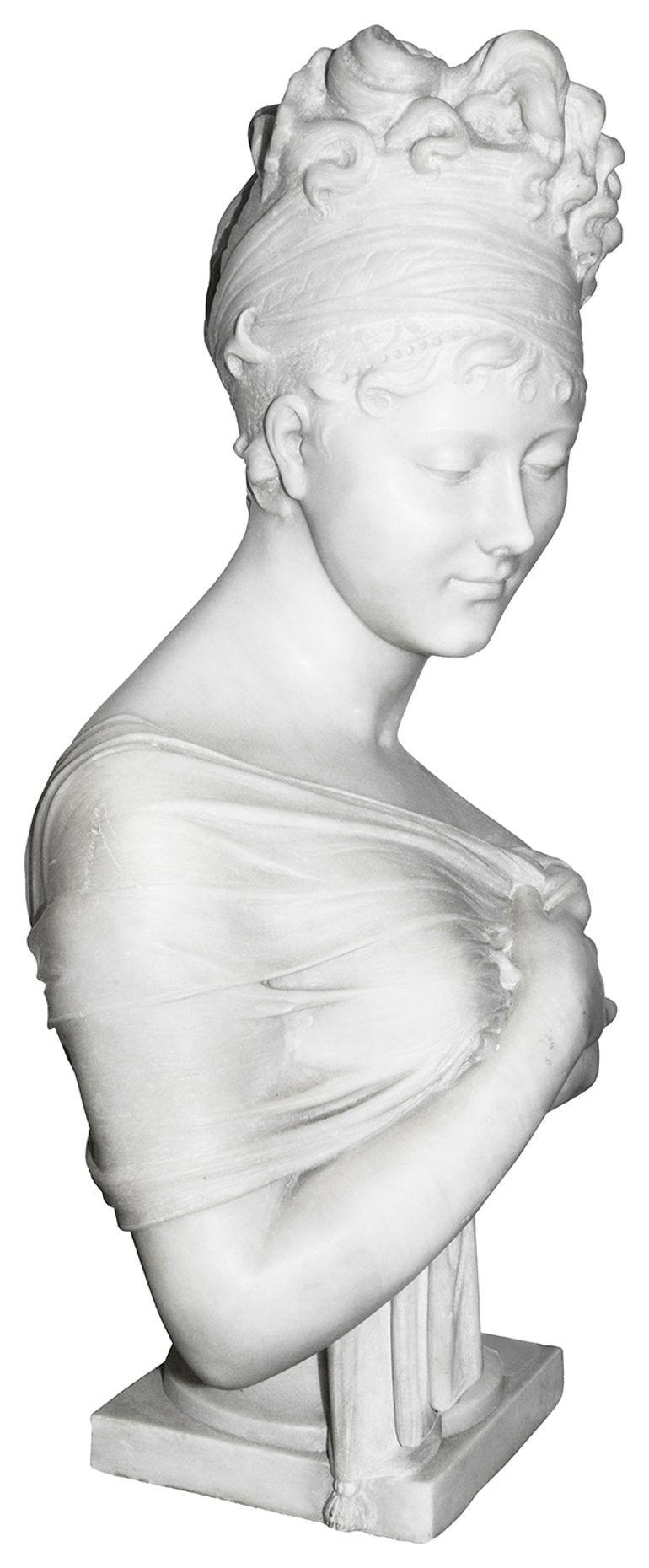 A fine quality classical 19th Century French marble sculpture of Madame Récamier.
Jeanne Françoise Julie Adélaïde Récamier, known as Juliette, was a French socialite whose salon drew people from the leading literary and political circles of early