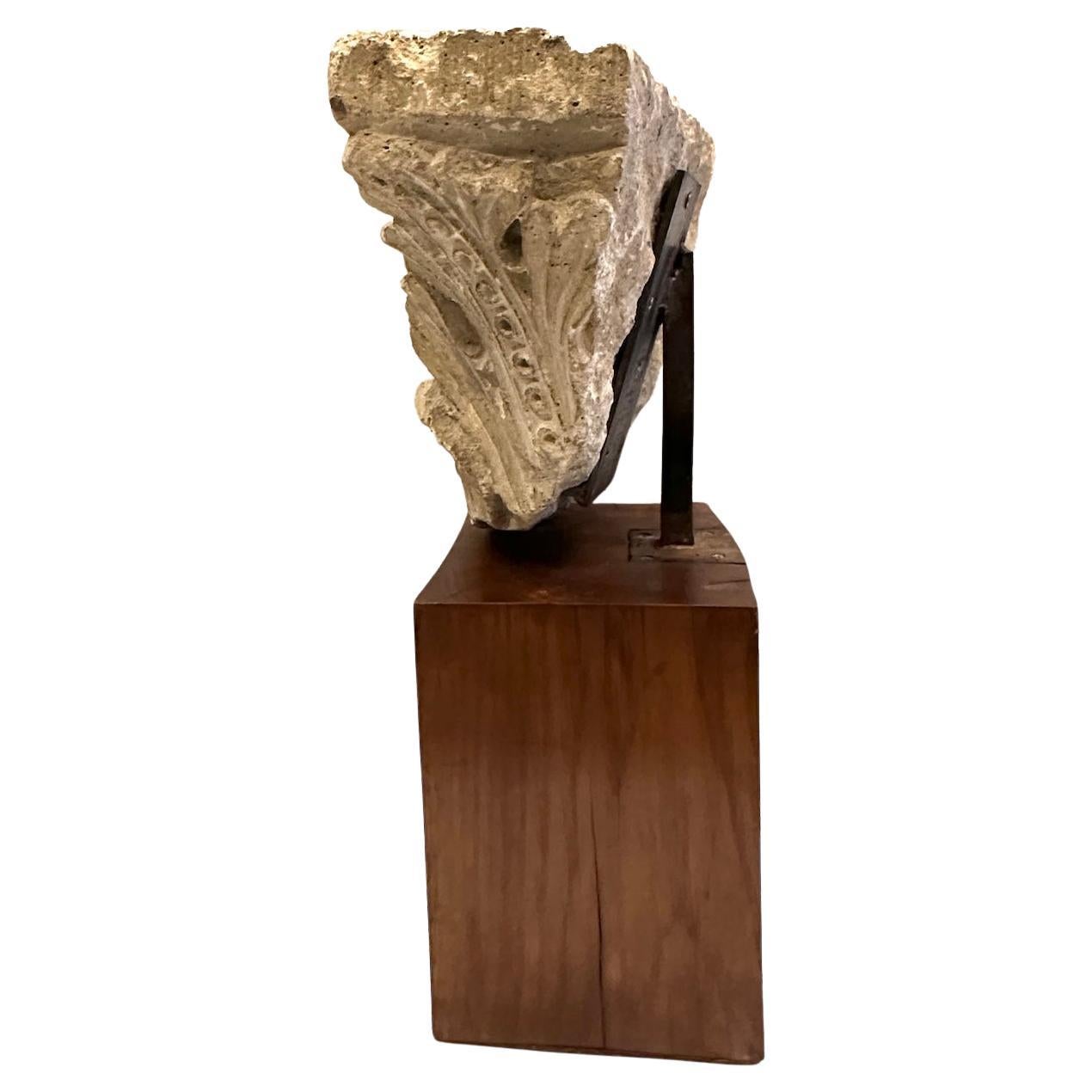 19th Century Marble Capital Fragment Mounted on Wooden Base In Good Condition For Sale In Los Angeles, CA