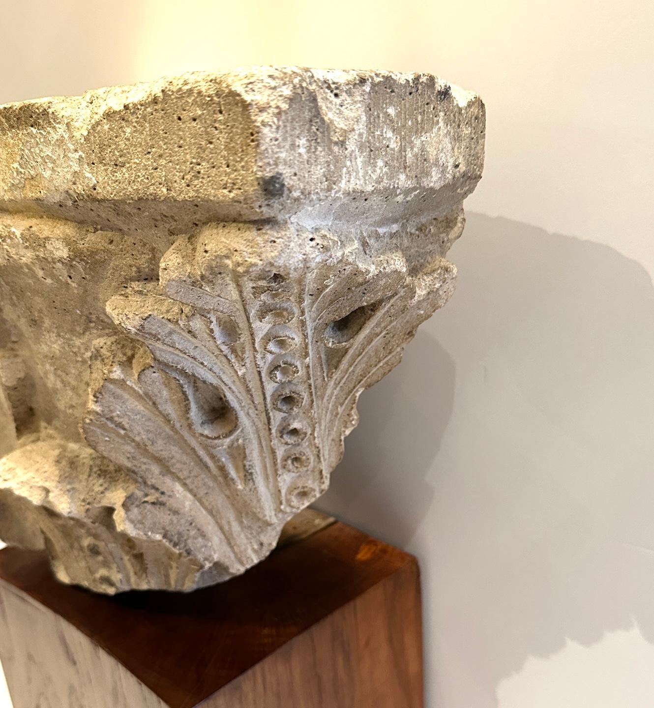 19th Century Marble Capital Fragment Mounted on Wooden Base For Sale 1