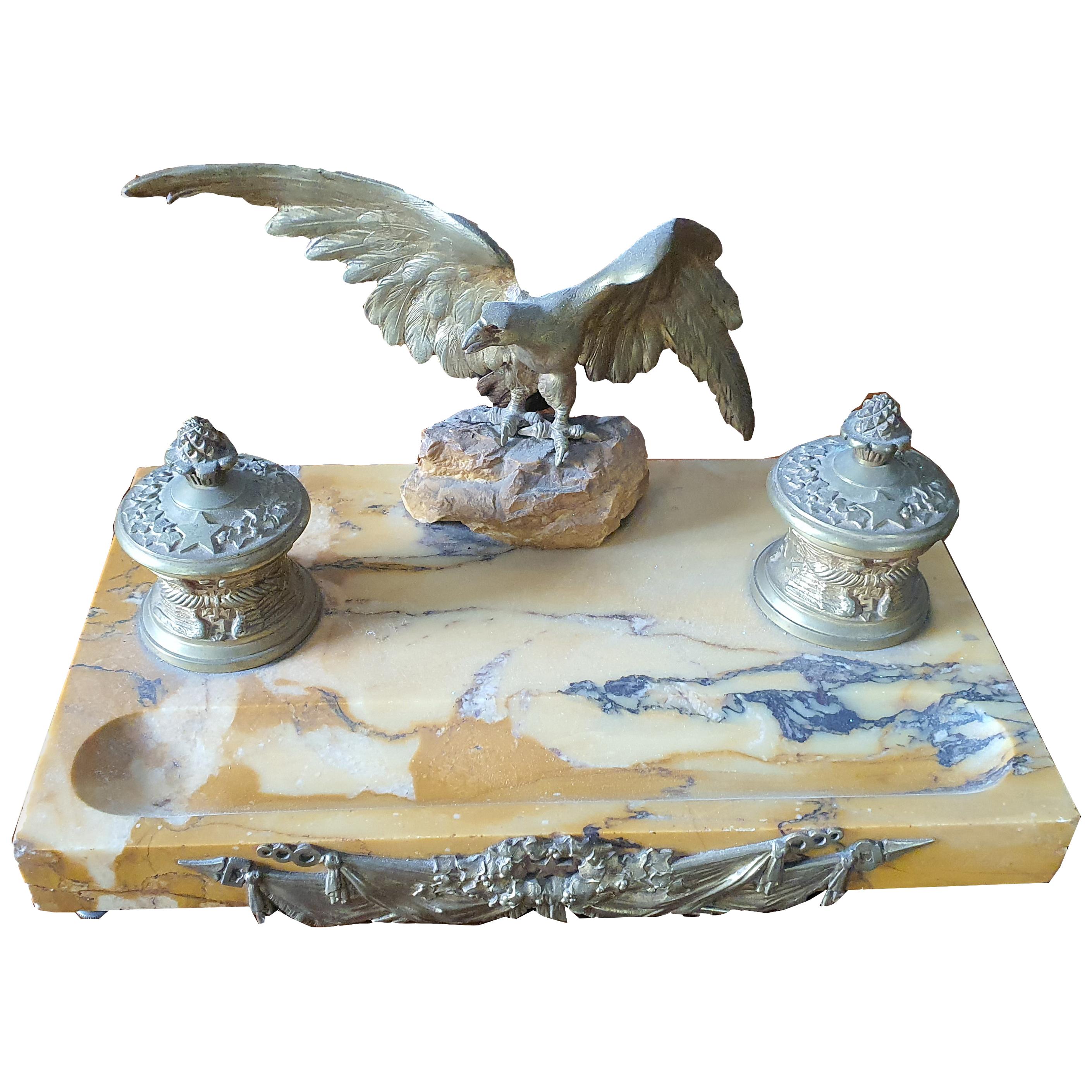 19th Century Marble Desk Inkwell, with Gilt Bronze For Sale