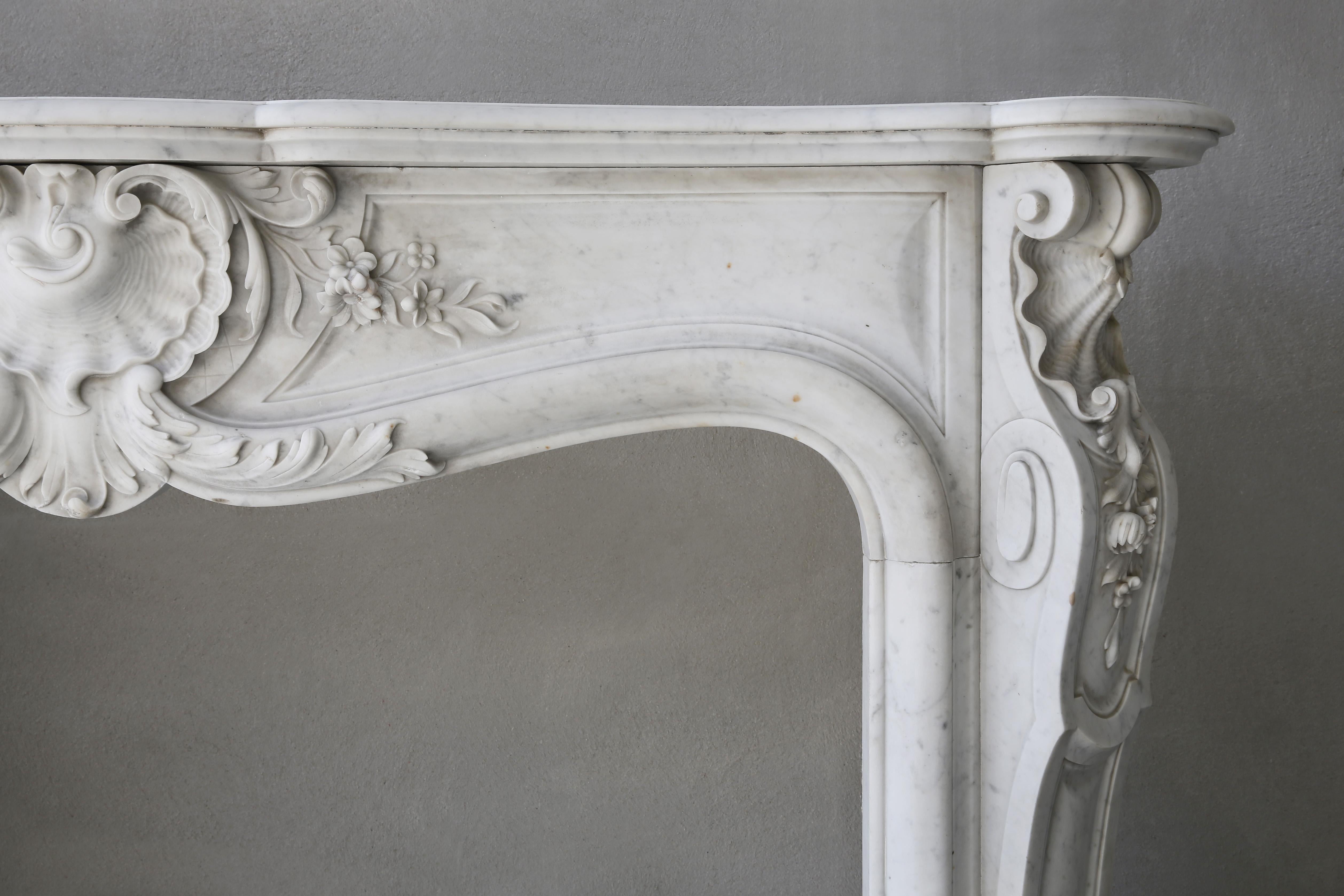 French 19th Century Marble Fireplace of Carrara Marble in Style of Louis XV