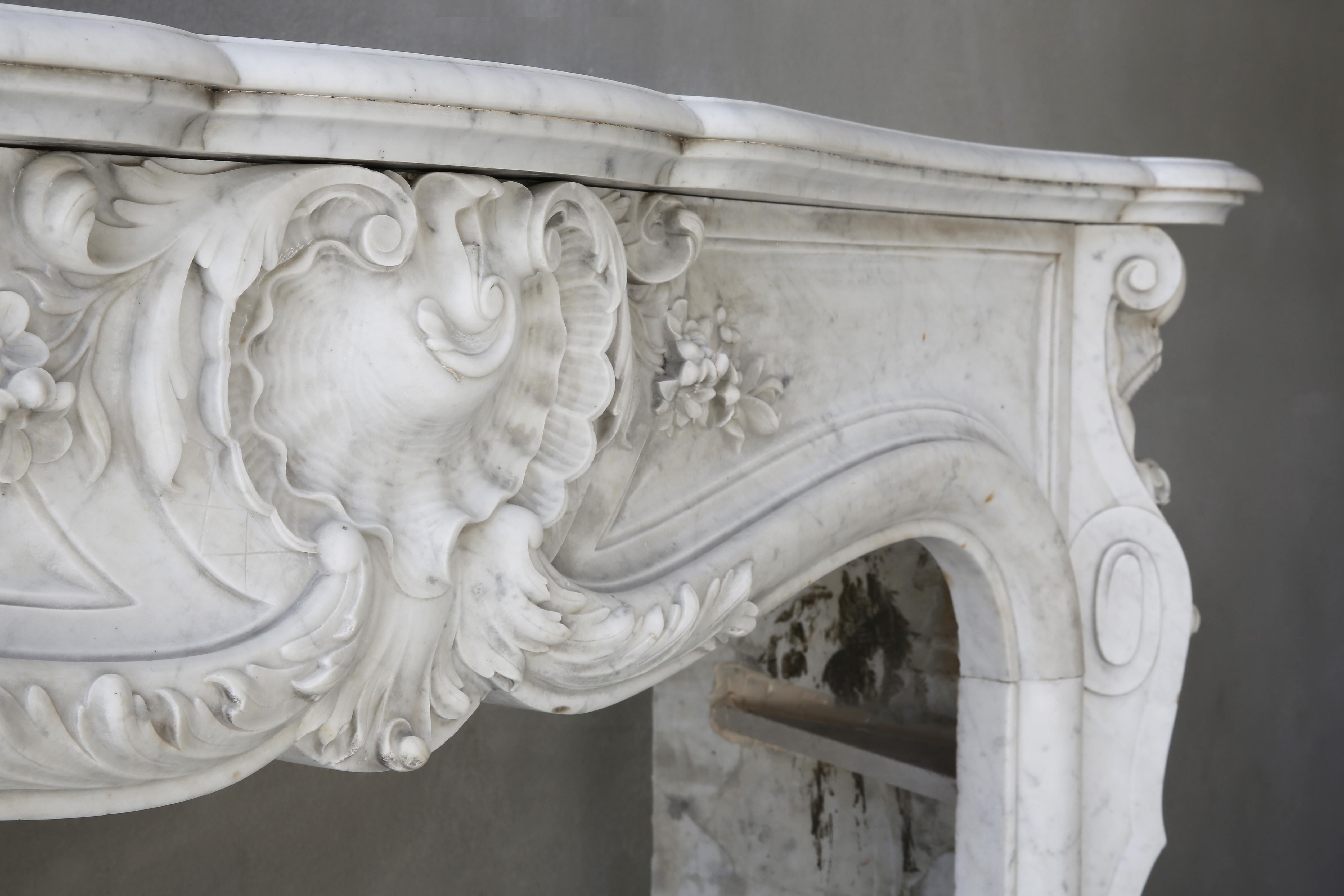 19th Century Marble Fireplace of Carrara Marble in Style of Louis XV 1