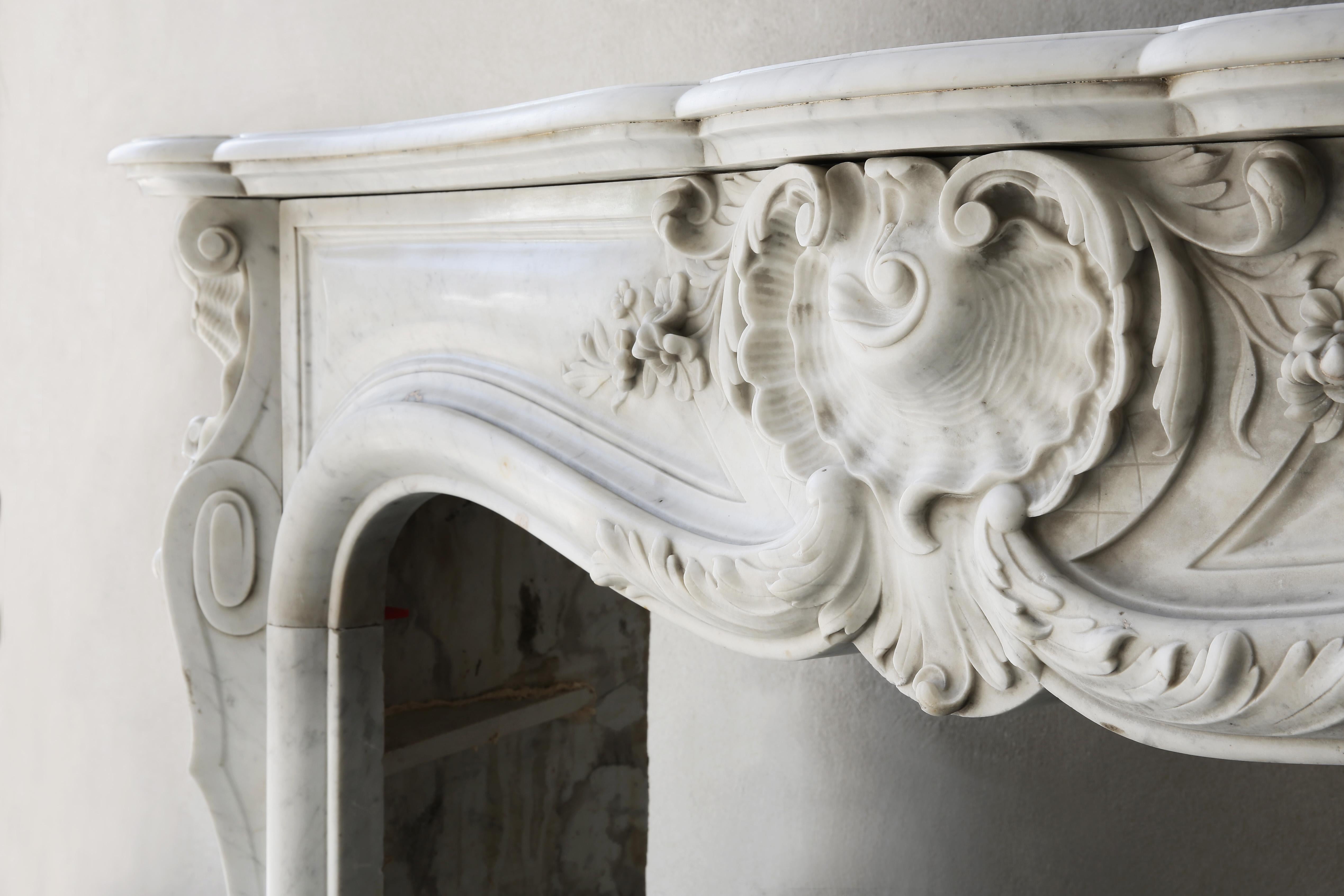 19th Century Marble Fireplace of Carrara Marble in Style of Louis XV 2