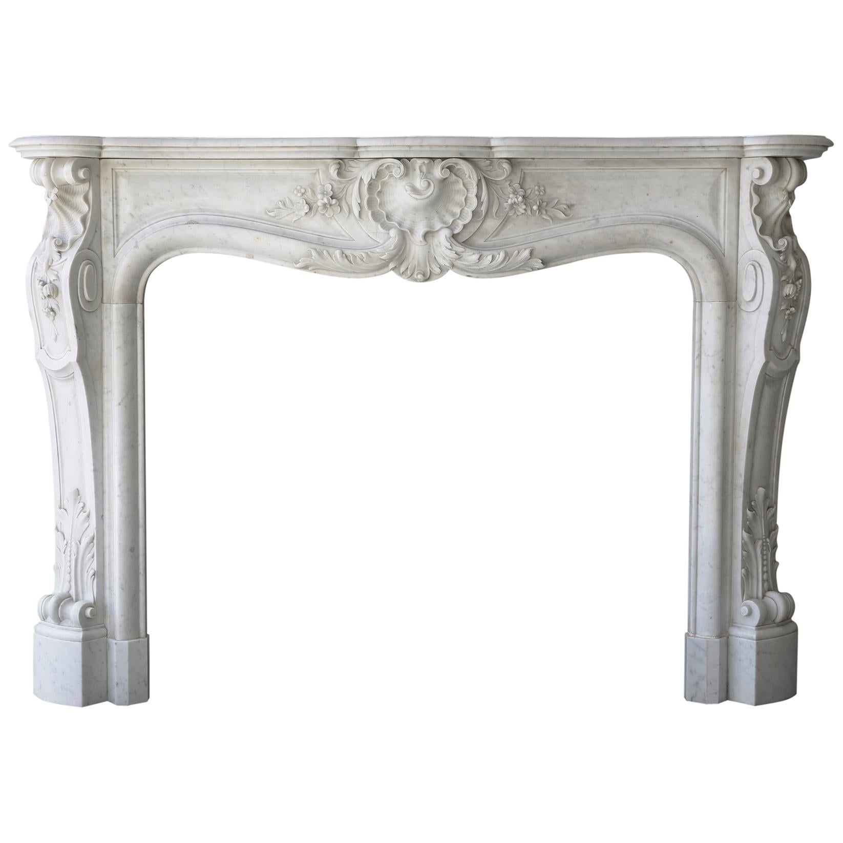 19th Century Marble Fireplace of Carrara Marble in Style of Louis XV
