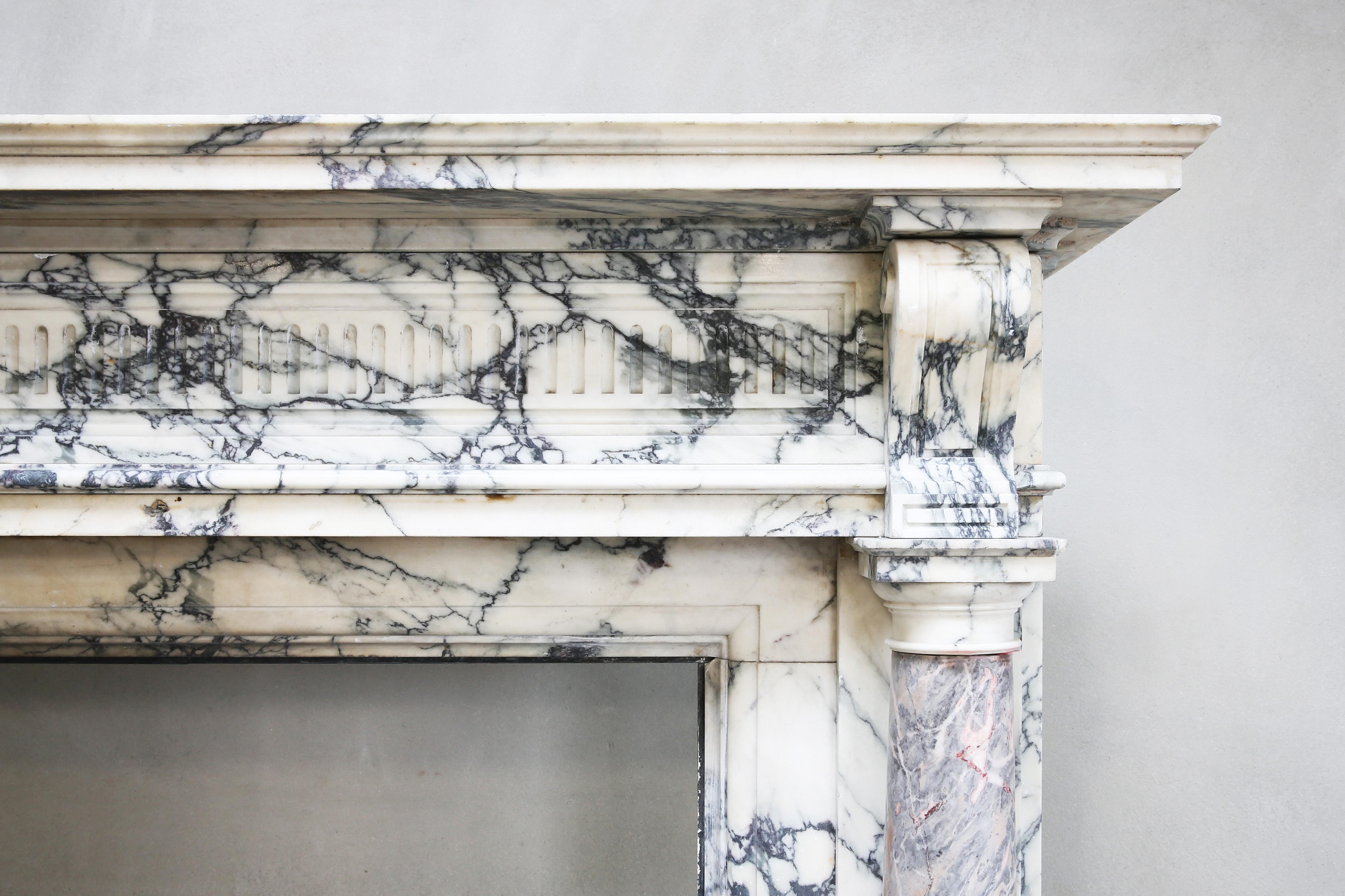 Louis XVI 19th Century Marble Fireplace of Paonazzo Marble and Sarrancolin Marble