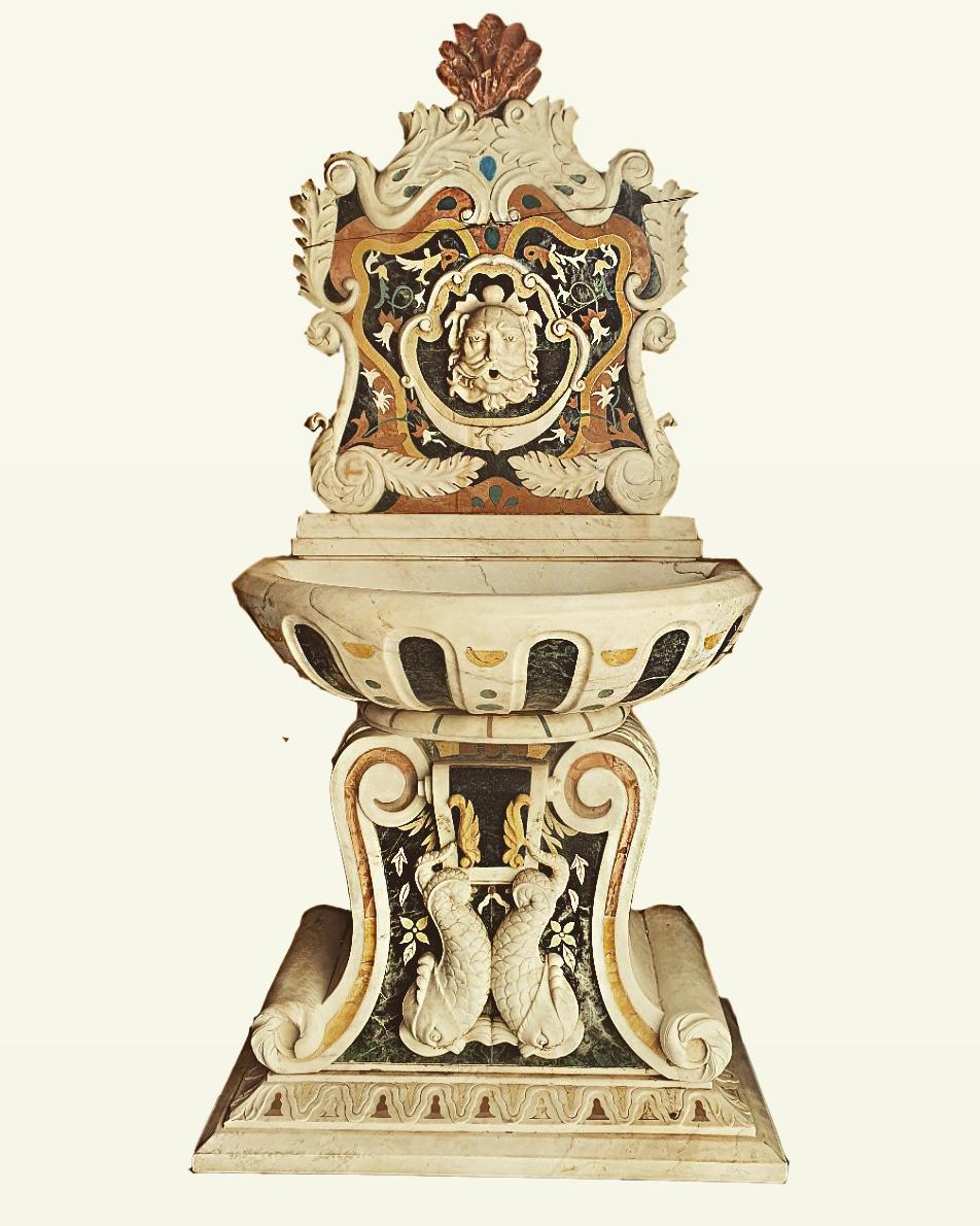 Louis XVI 19th Century Marble Fountain Inlaid with Various Precious Marbles