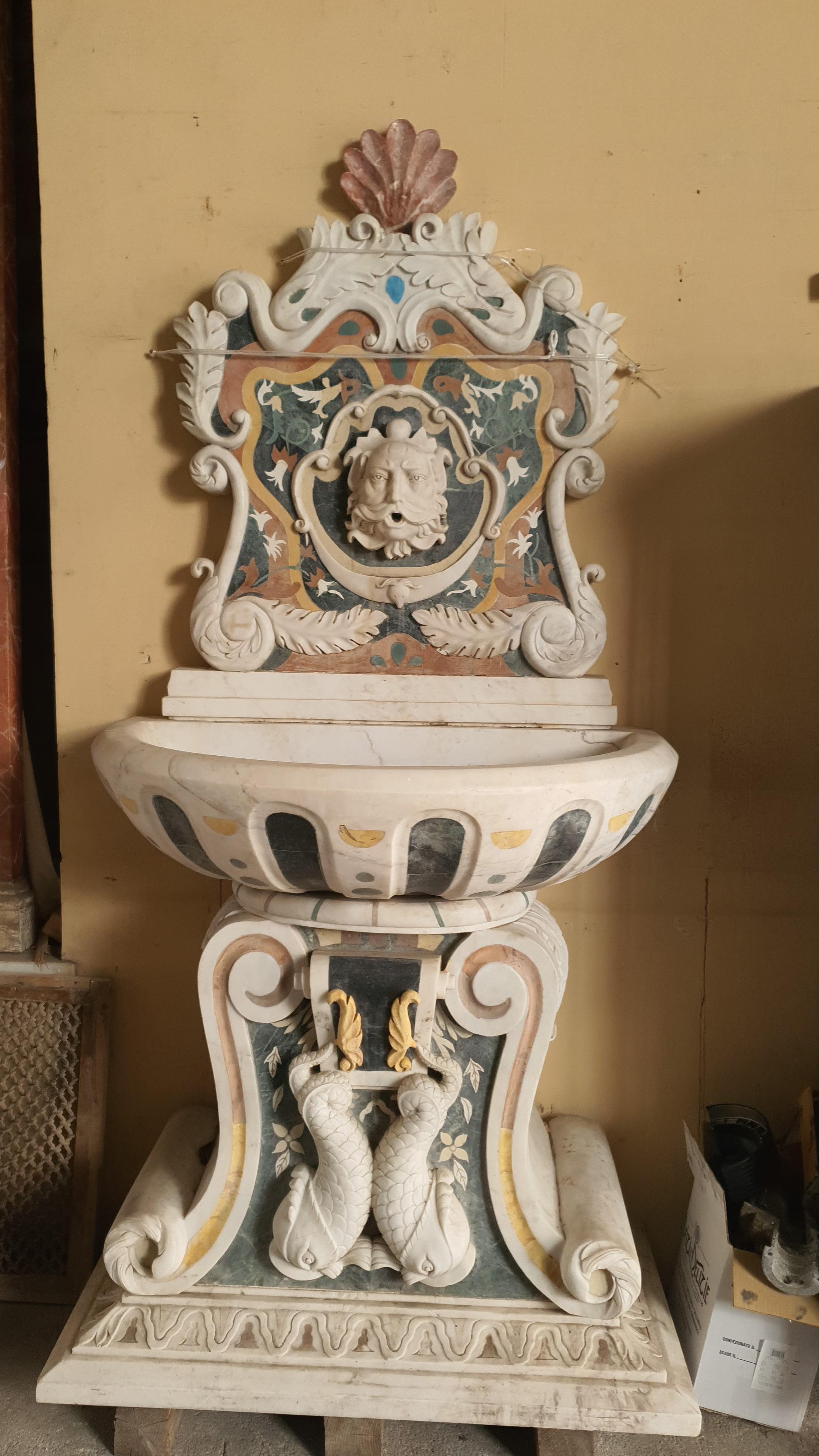 Italian 19th Century Marble Fountain Inlaid with Various Precious Marbles