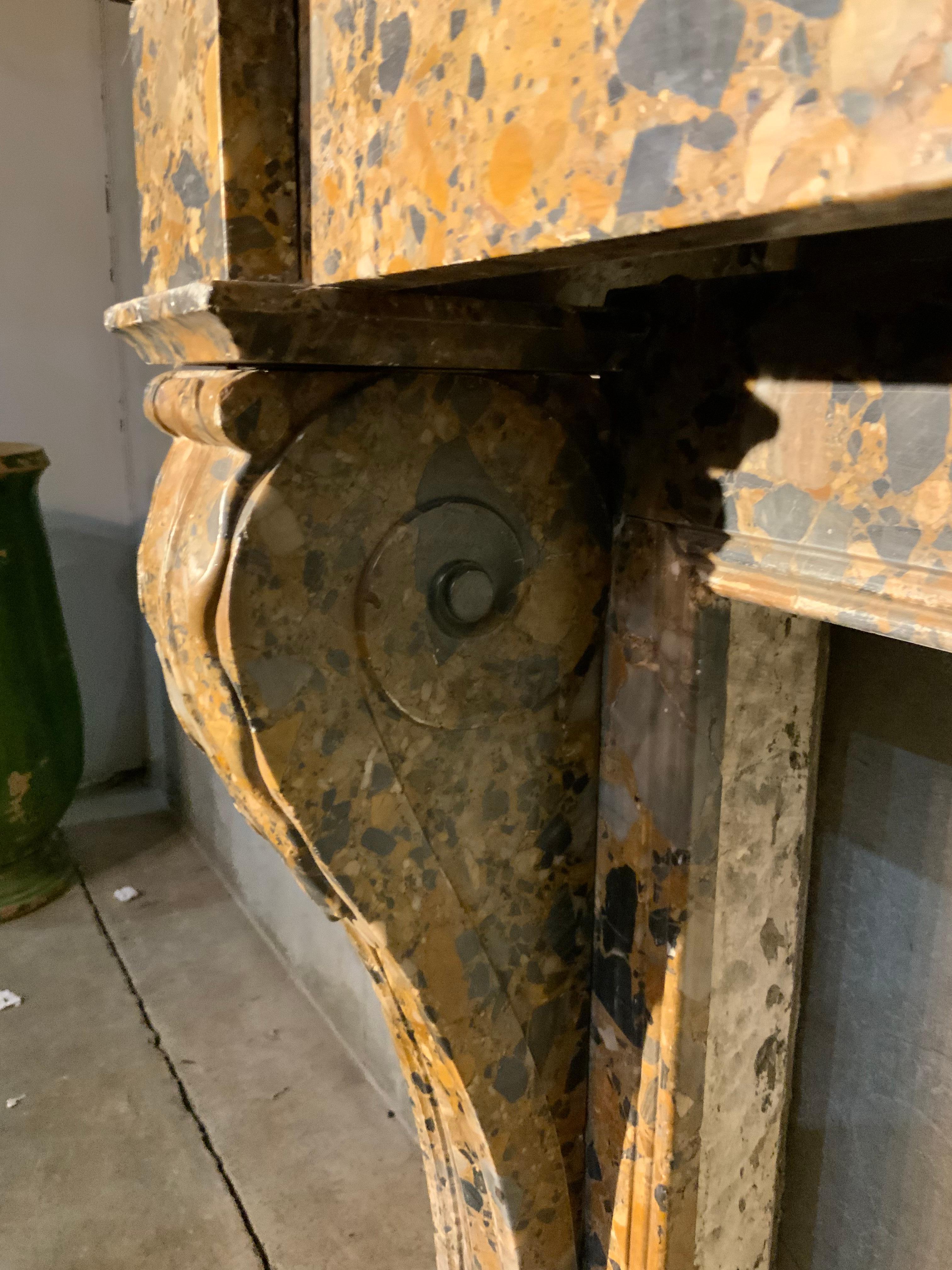 Antique fireplace mantel in gray marble hand carved by an Italian artist, with lion's feet and wavy columns, Empire style, early 1800s, from an Italian noble home. Thanks to its refined color and its gentle shape, it lends itself to all those