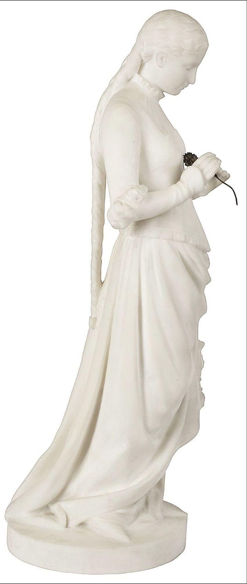 French 19th Century Marble Girl Holding a Flower For Sale