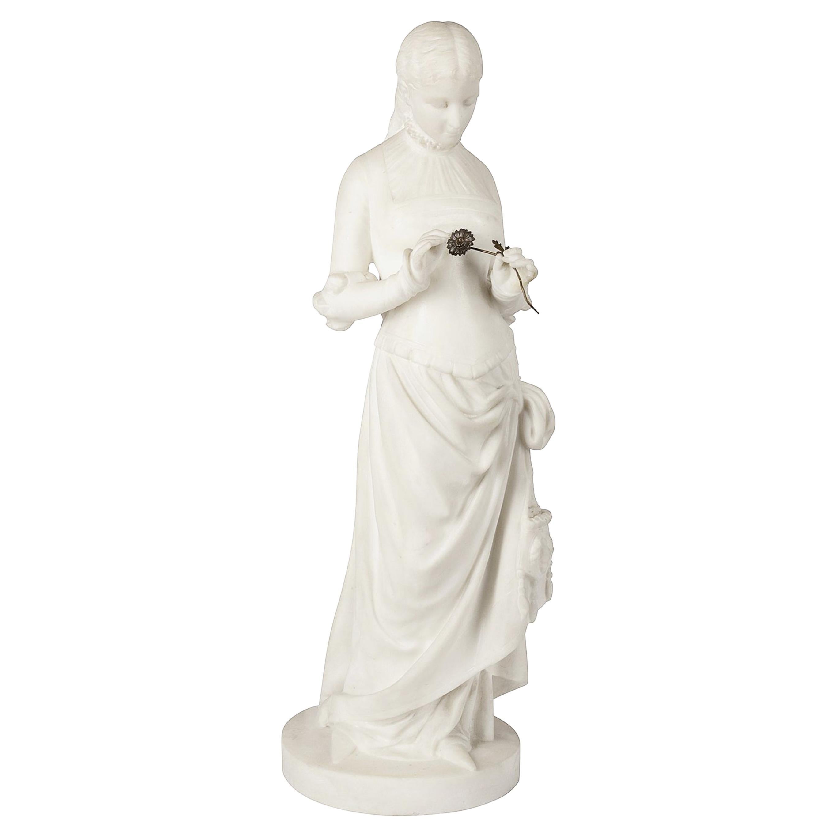 19th Century Marble Girl Holding a Flower For Sale