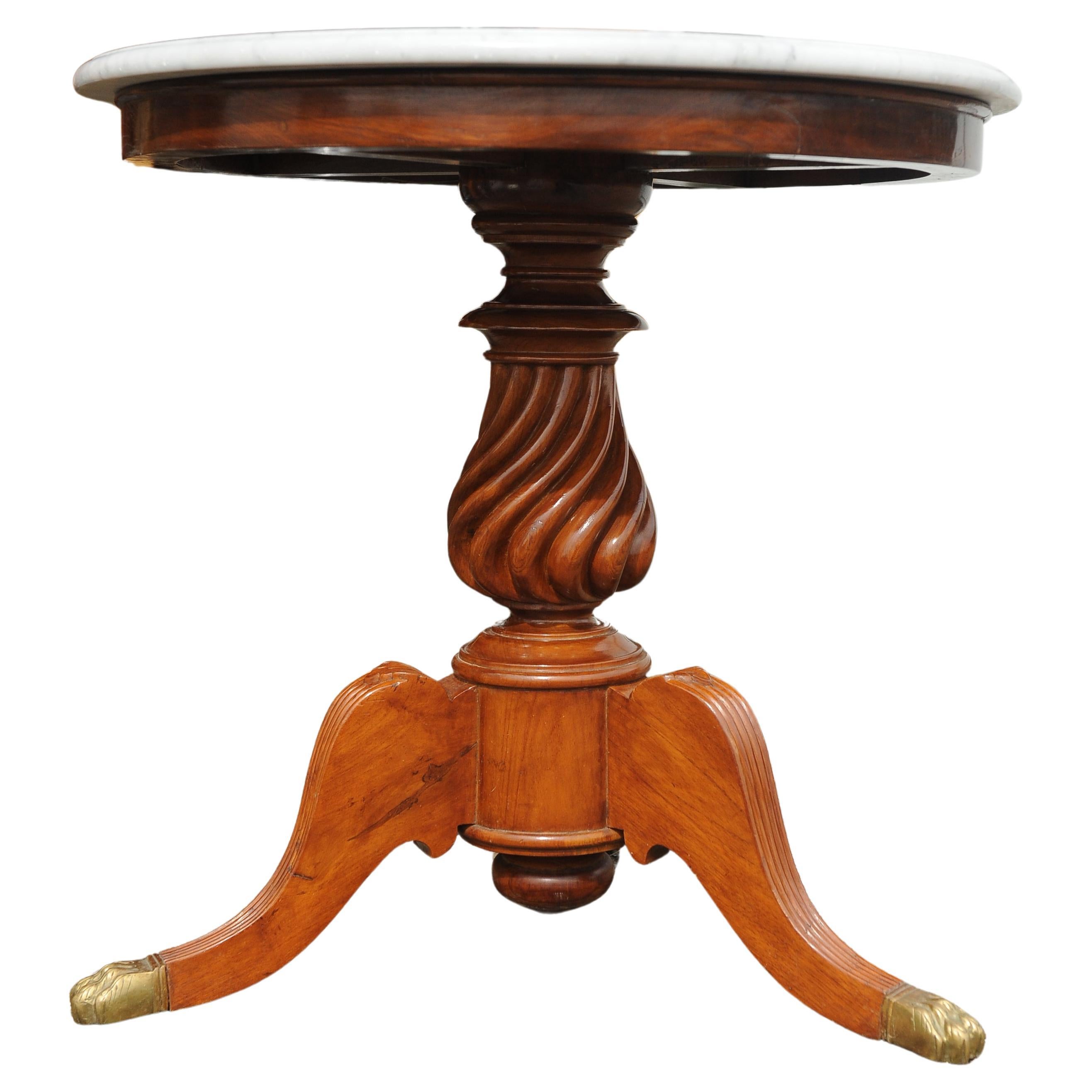 A Beautiful French 19th Century Marble & Mahogany Gueridon Pedestal Table With Turned Wood Column Over a Tripod Base Terminating With Brass Paw Feet.

Would make for an excellent hallway centre table, or living area corner table to host an exquisite