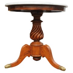 19th Century Marble Gueridon Table With Turned Wood Column & Brass Paw Feet