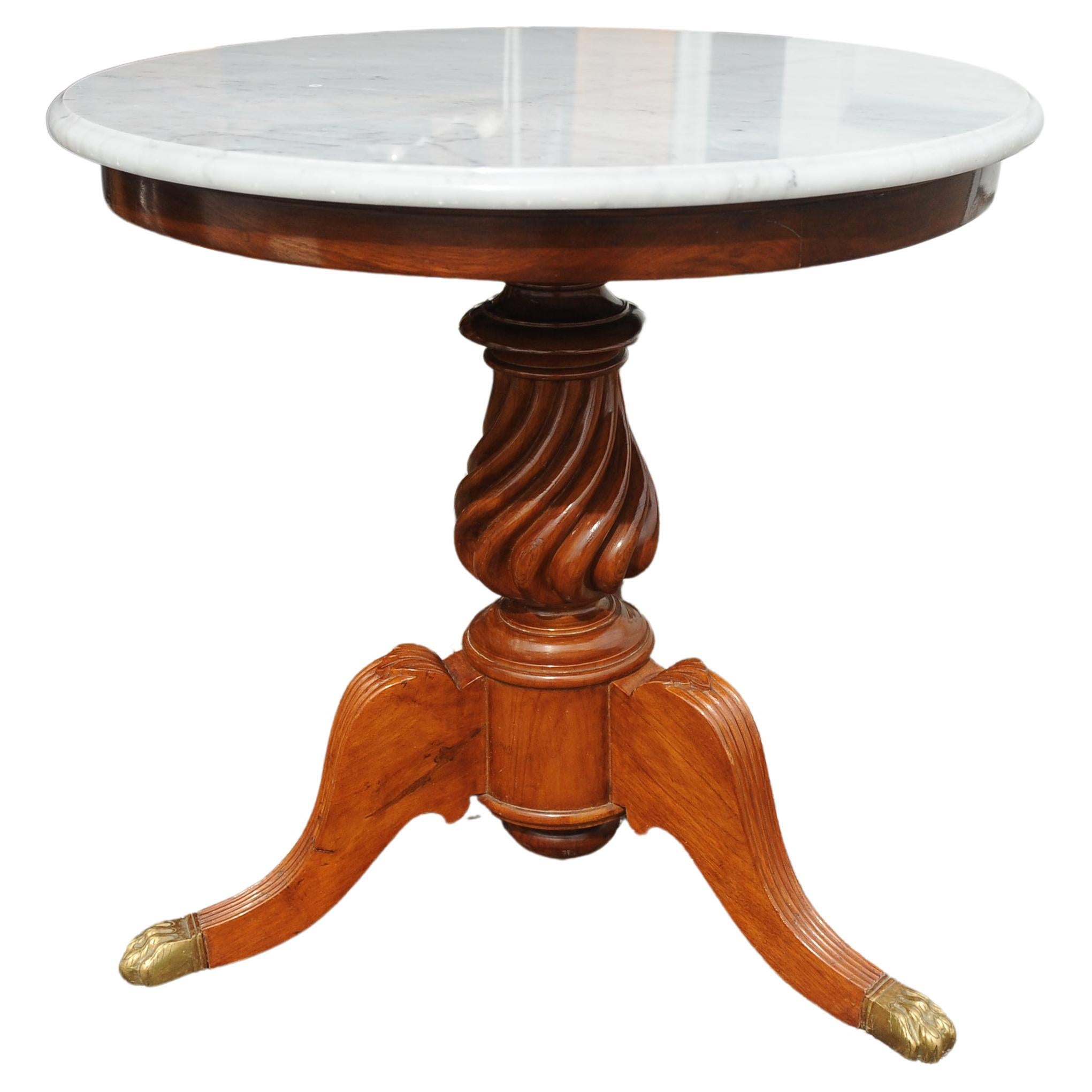 19th Century Marble Gueridon Table With Turned Wood Column & Brass Paw Feet In Good Condition For Sale In Reading, Berkshire