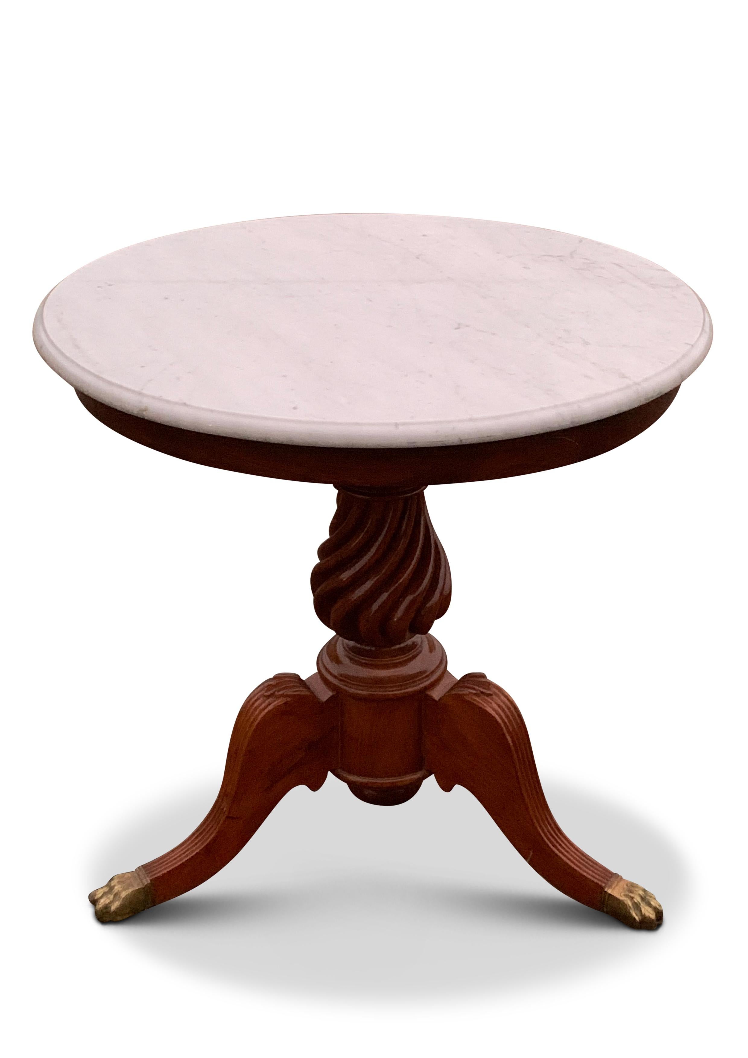 British 19th Century Marble & Mahogany Gueridon Pedestal Table With Turned Wood Column For Sale