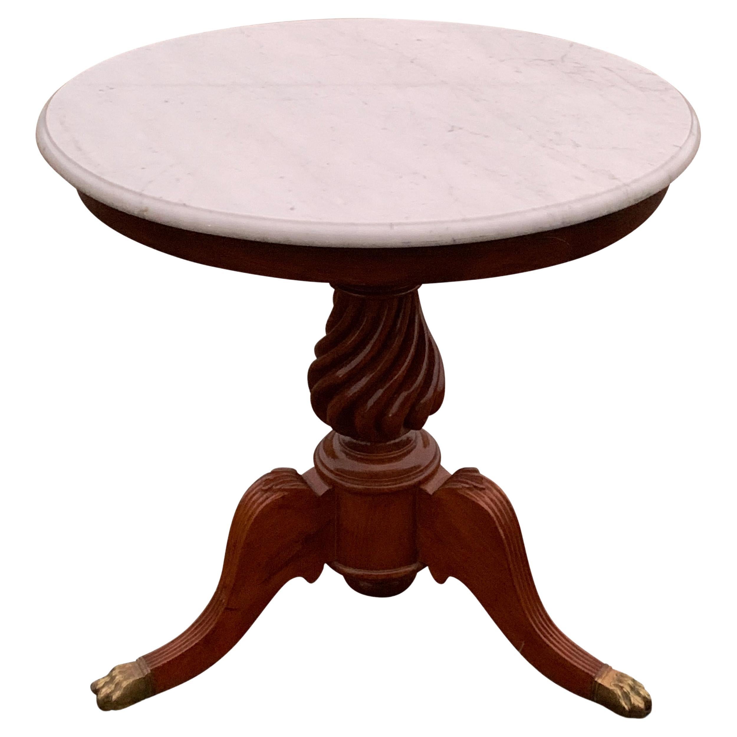 19th Century Marble & Mahogany Gueridon Pedestal Table With Turned Wood Column For Sale