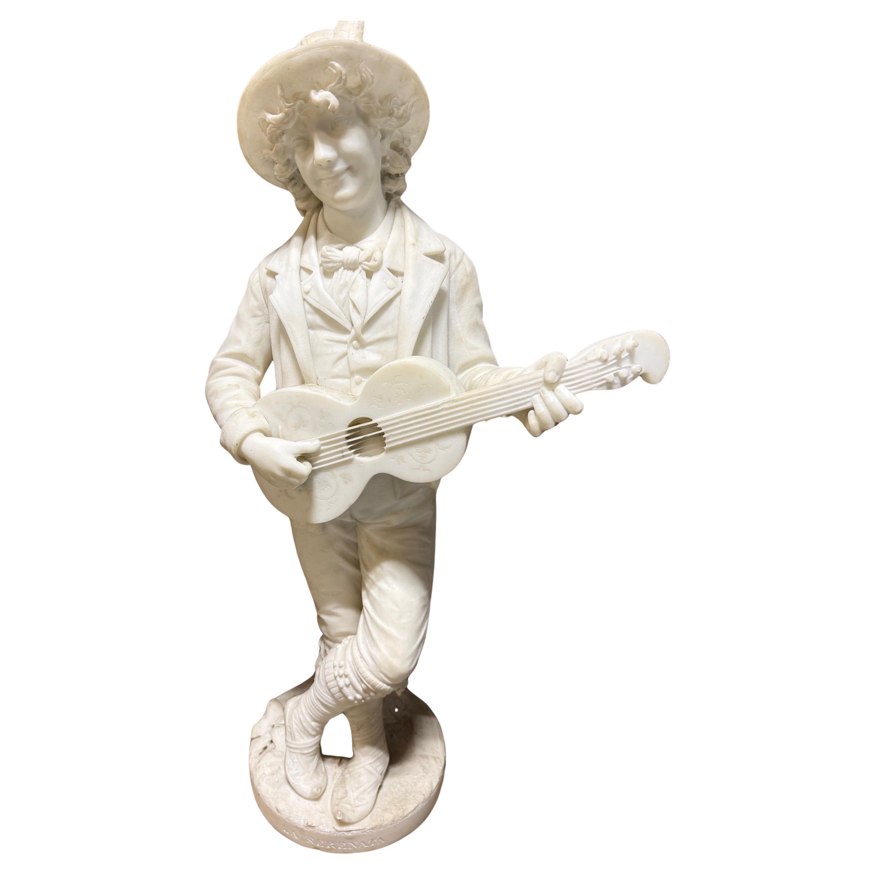 19th Century Marble Sculpture "La Serenata" Boy Playing a Guitar, Signed Lapini For Sale