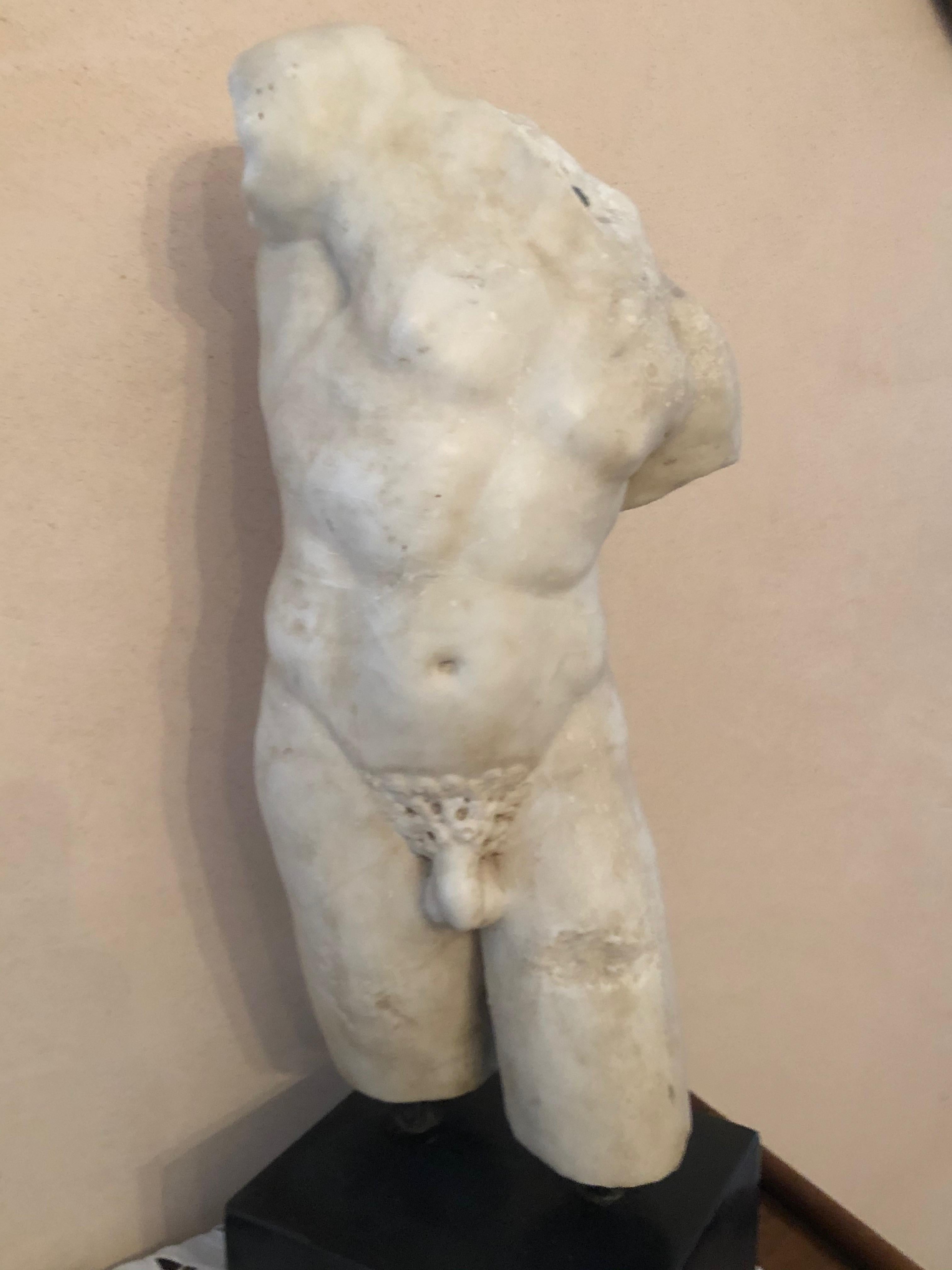 Beautiful marble torso in Pariox marble. Really high quality work. Beautiful movement and torsion of the torso. The details are really well defined.
The torso has been laid on a black marquise marble base.
measures H 55.