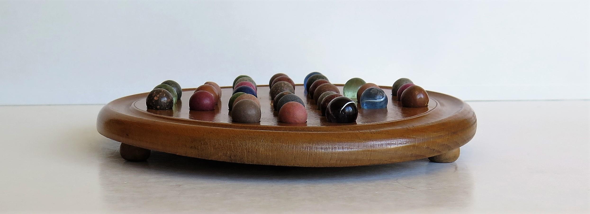 Victorian 19th Century Marble Solitaire Board Game, with 32 Handmade Marbles, circa 1880