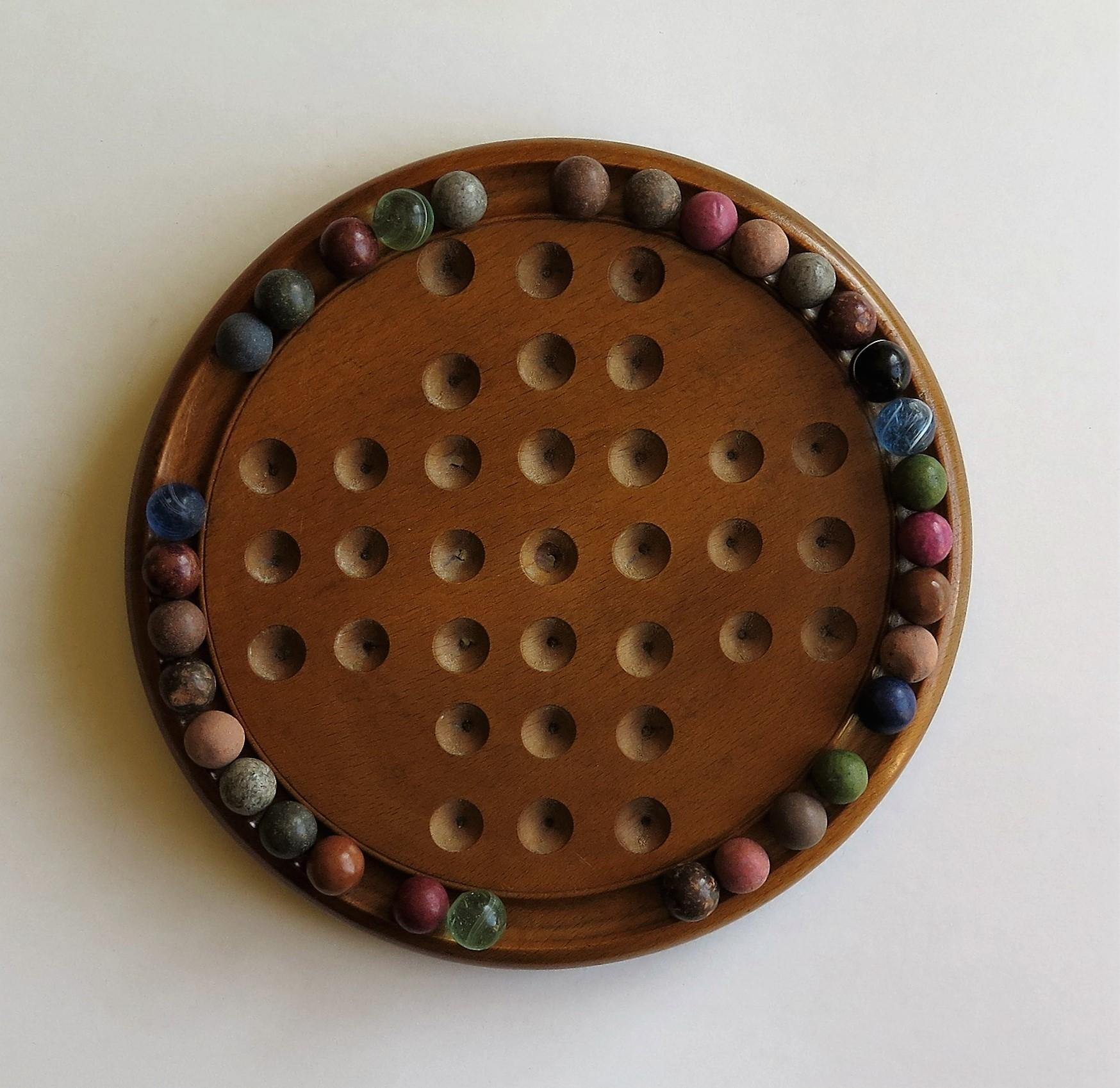 English 19th Century Marble Solitaire Board Game, with 32 Handmade Marbles, circa 1880