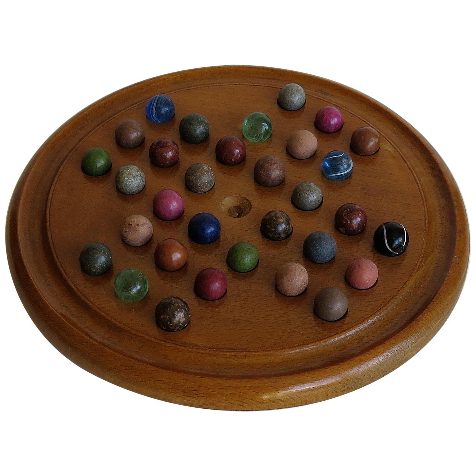 19th Century Marble Solitaire Board Game, with 32 Handmade Marbles, circa 1880