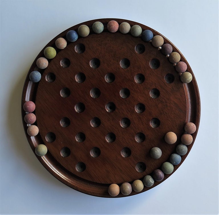 19th Century Marble Solitaire Game with Handmade Mahogany Board and 32