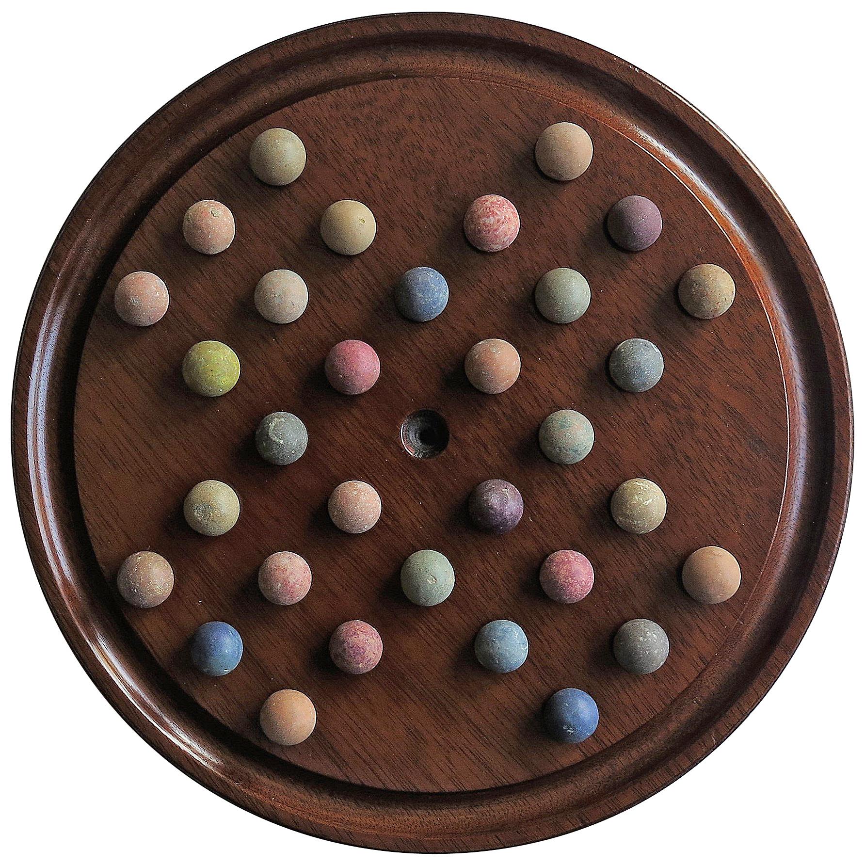 19th Century Marble Solitaire Game with Handmade Mahogany Board and 32 marbles