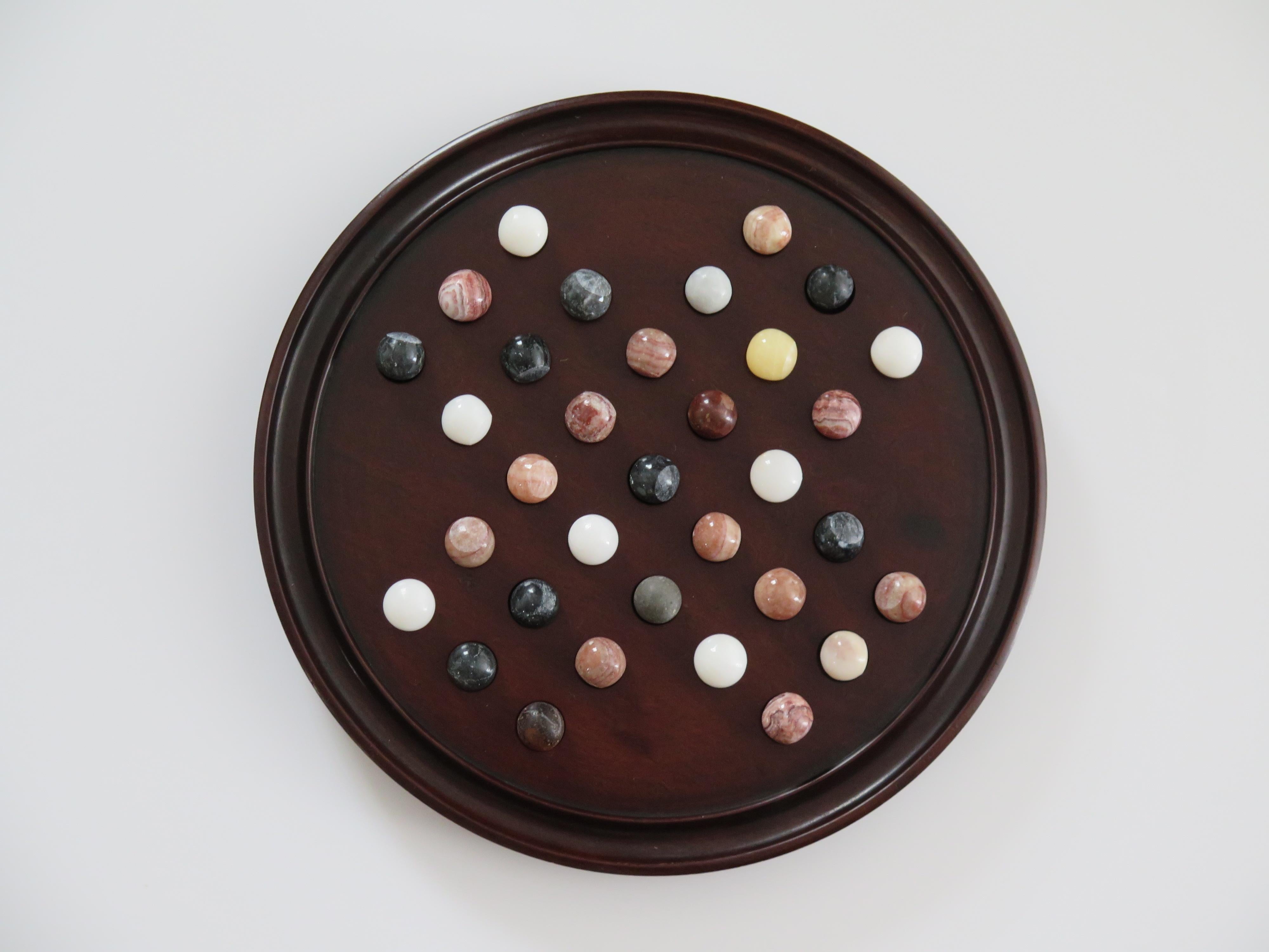 19th C. Marble Solitaire Game large diameter Hardwood Board and 33 agate marbles 2