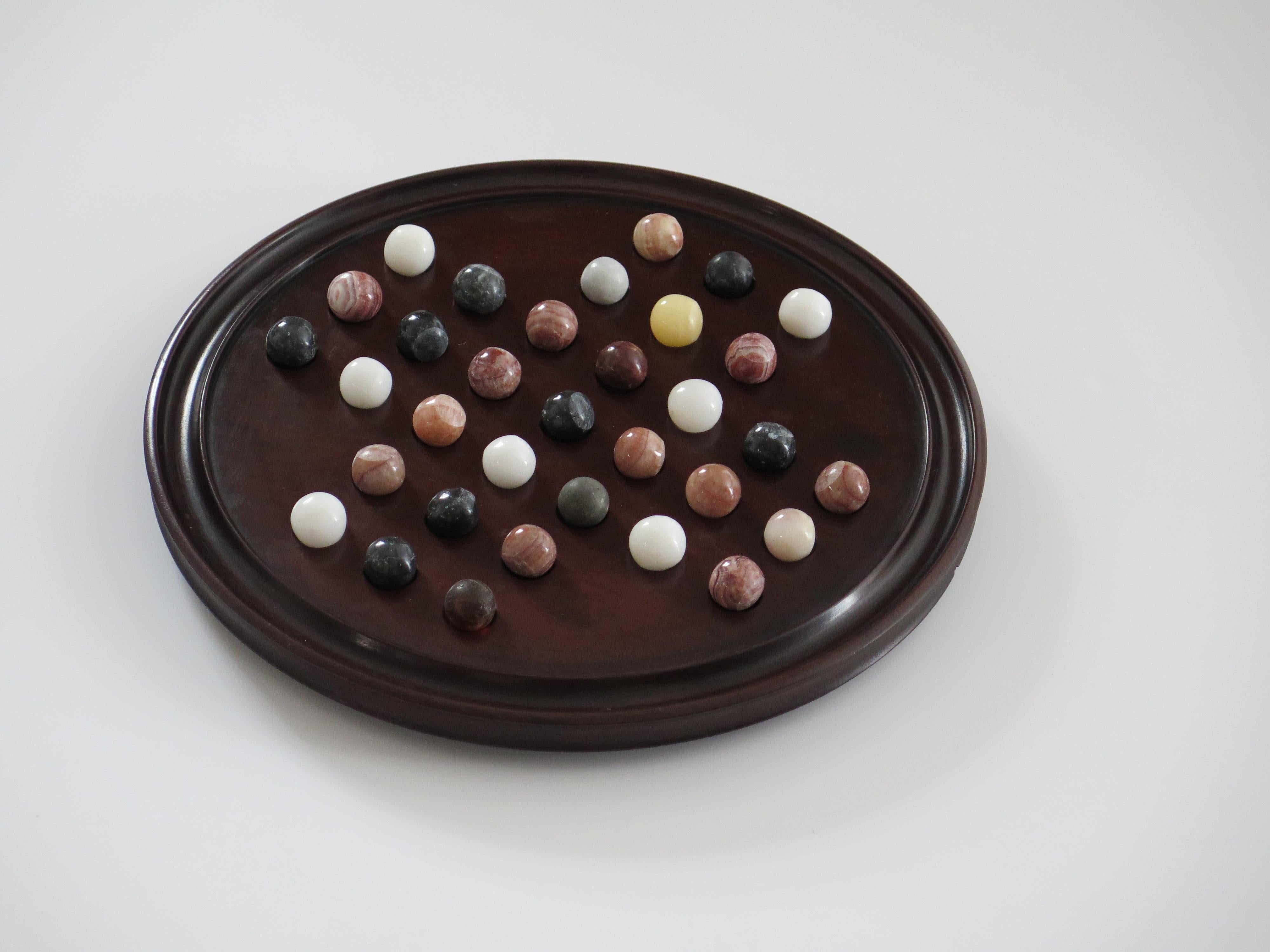 19th C. Marble Solitaire Game large diameter Hardwood Board and 33 agate marbles 3