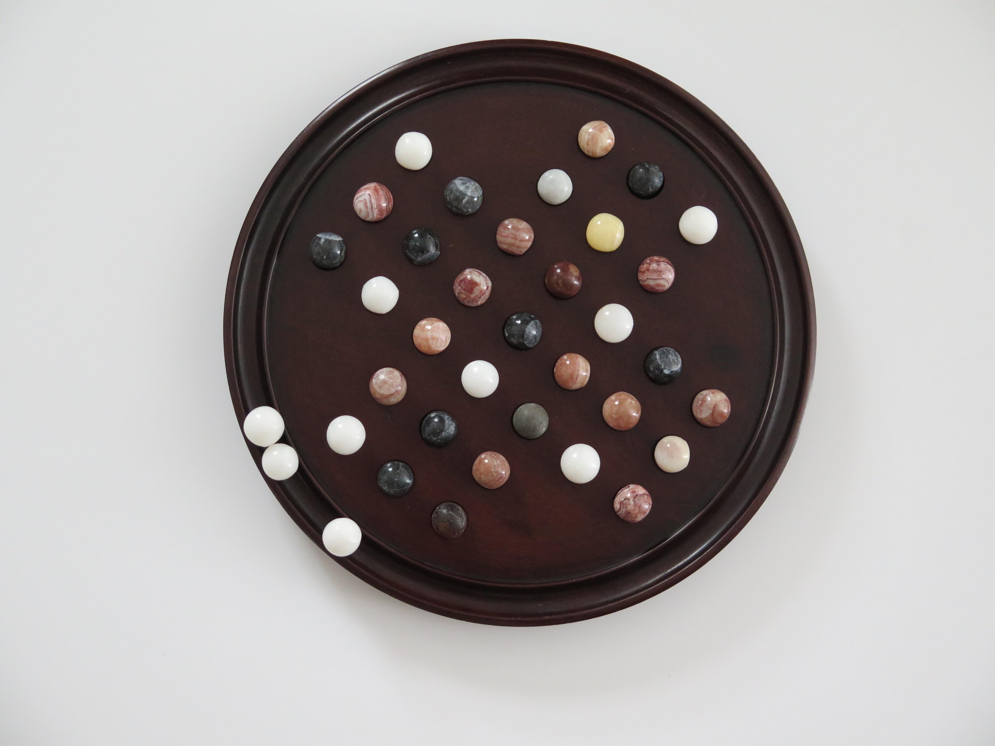 19th C. Marble Solitaire Game large diameter Hardwood Board and 33 agate marbles 4