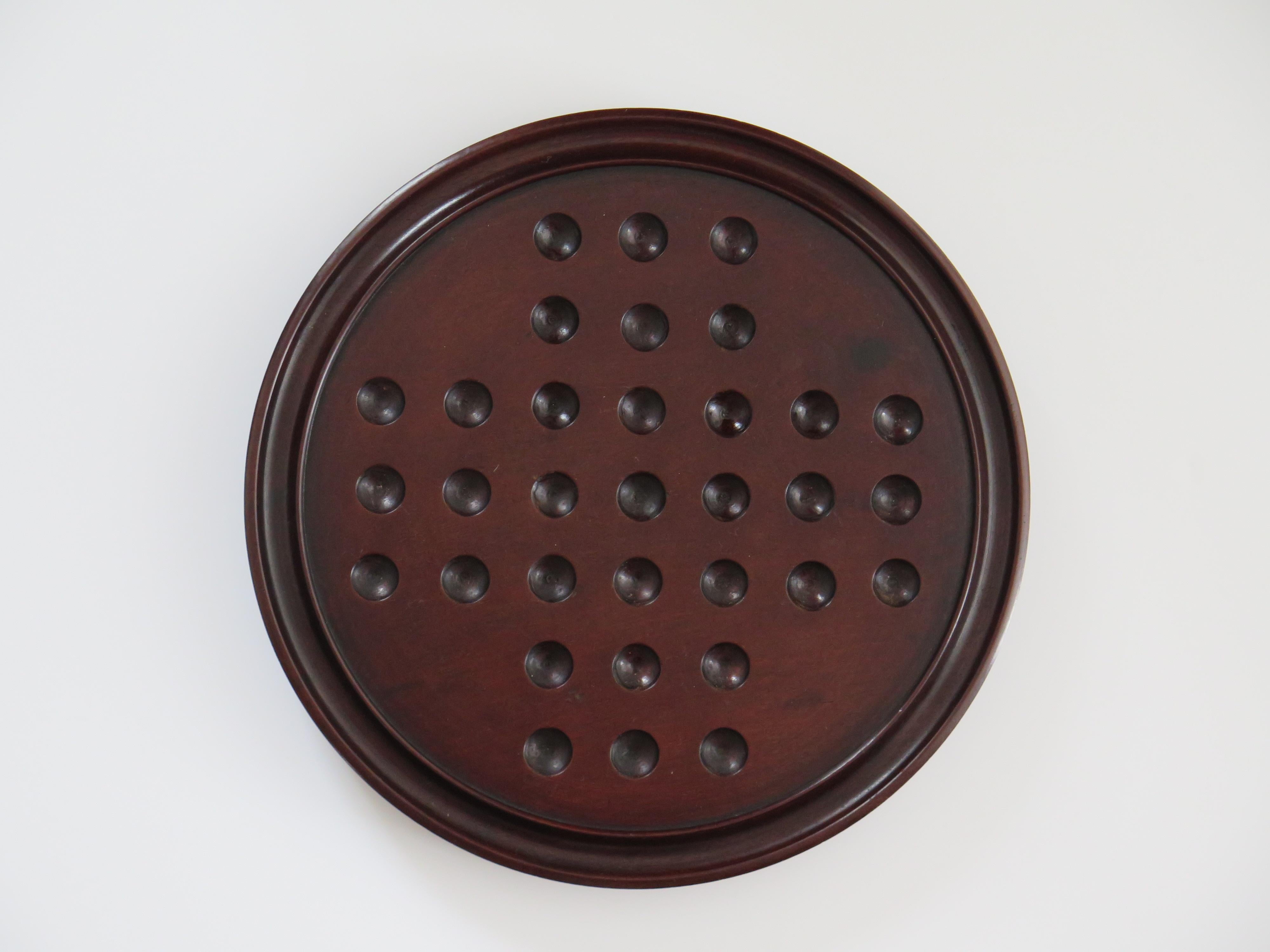 19th C. Marble Solitaire Game large diameter Hardwood Board and 33 agate marbles 5