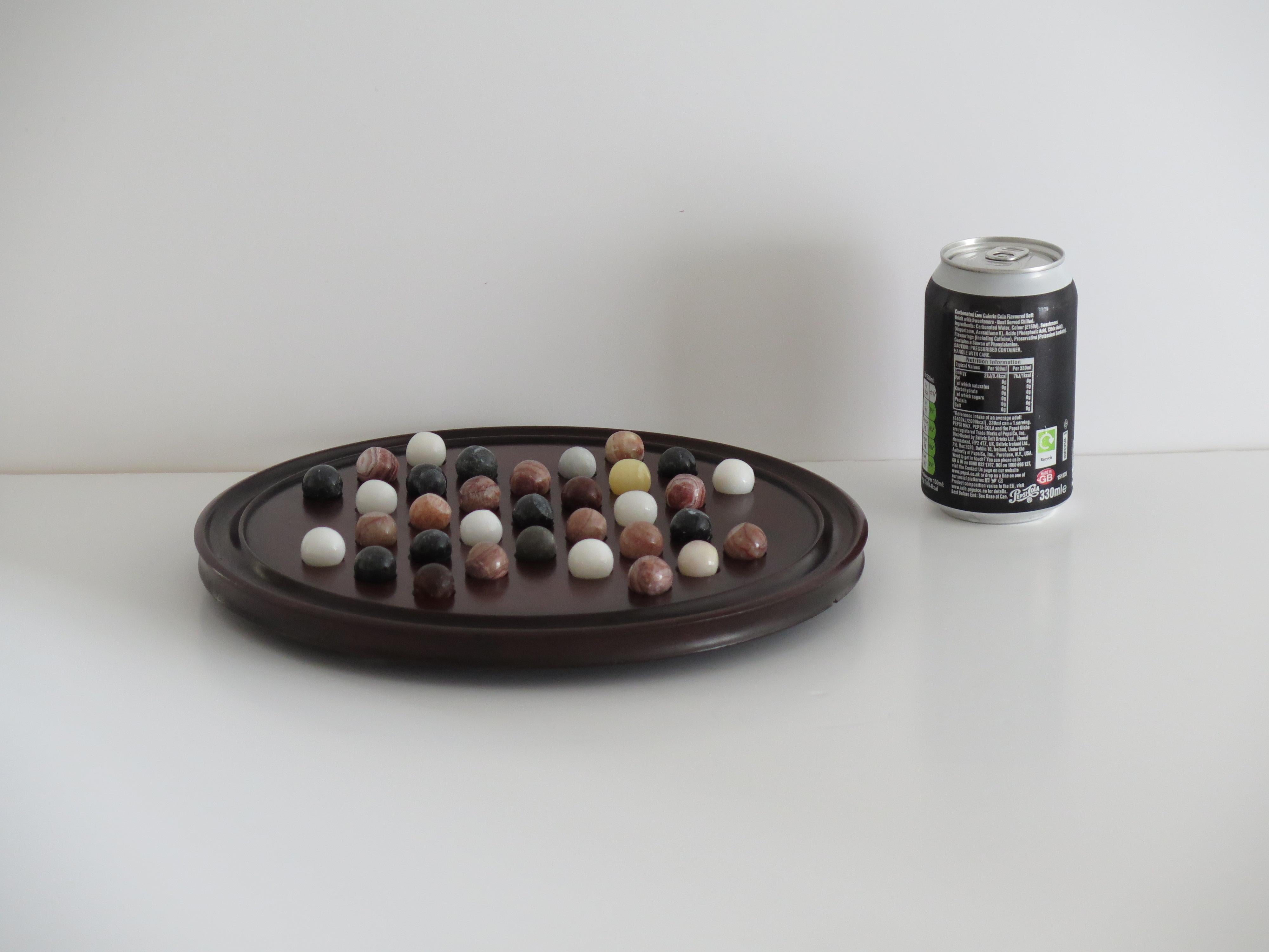 19th C. Marble Solitaire Game large diameter Hardwood Board and 33 agate marbles 12