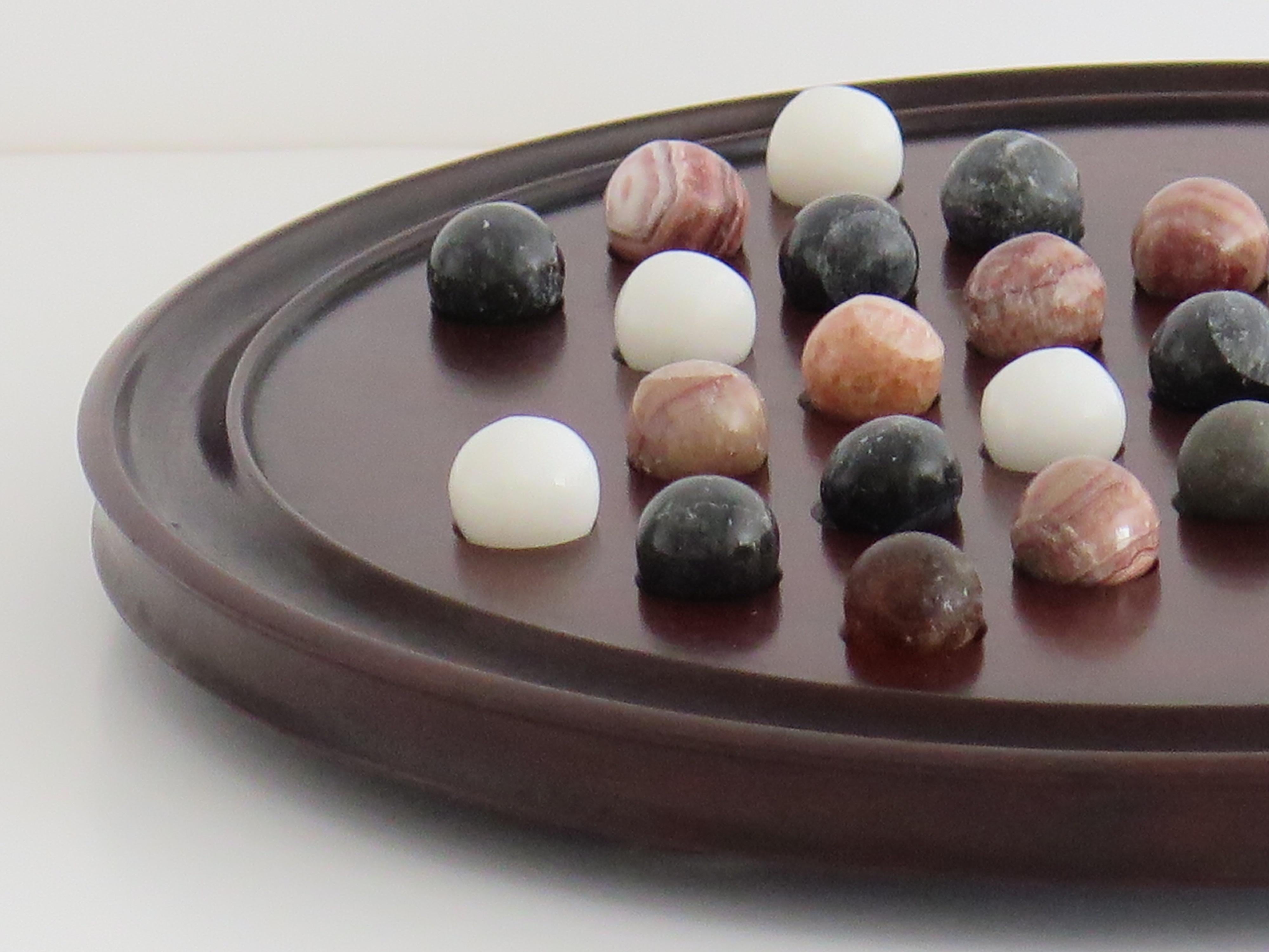 English 19th C. Marble Solitaire Game large diameter Hardwood Board and 33 agate marbles