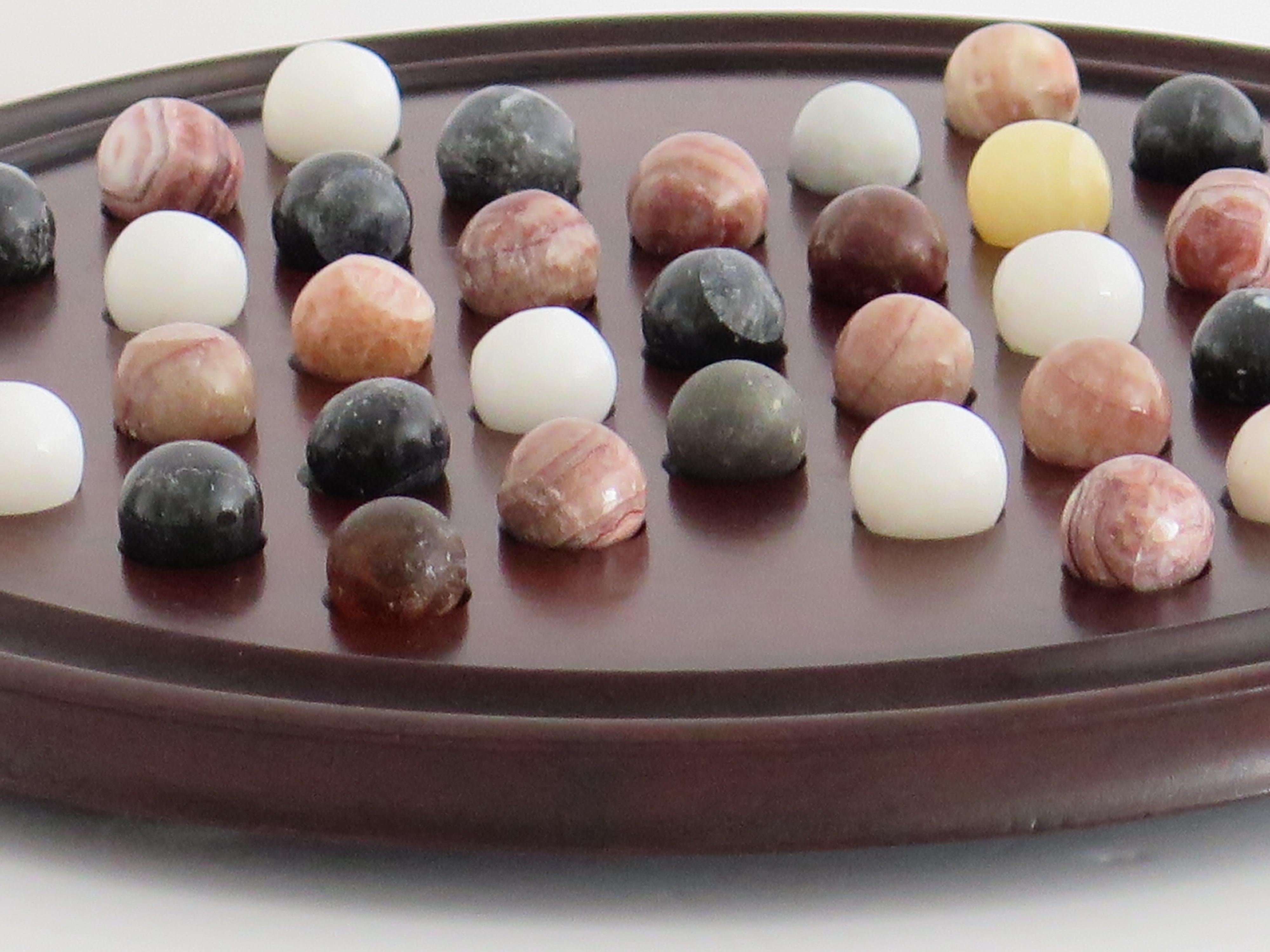 Hand-Crafted 19th C. Marble Solitaire Game large diameter Hardwood Board and 33 agate marbles