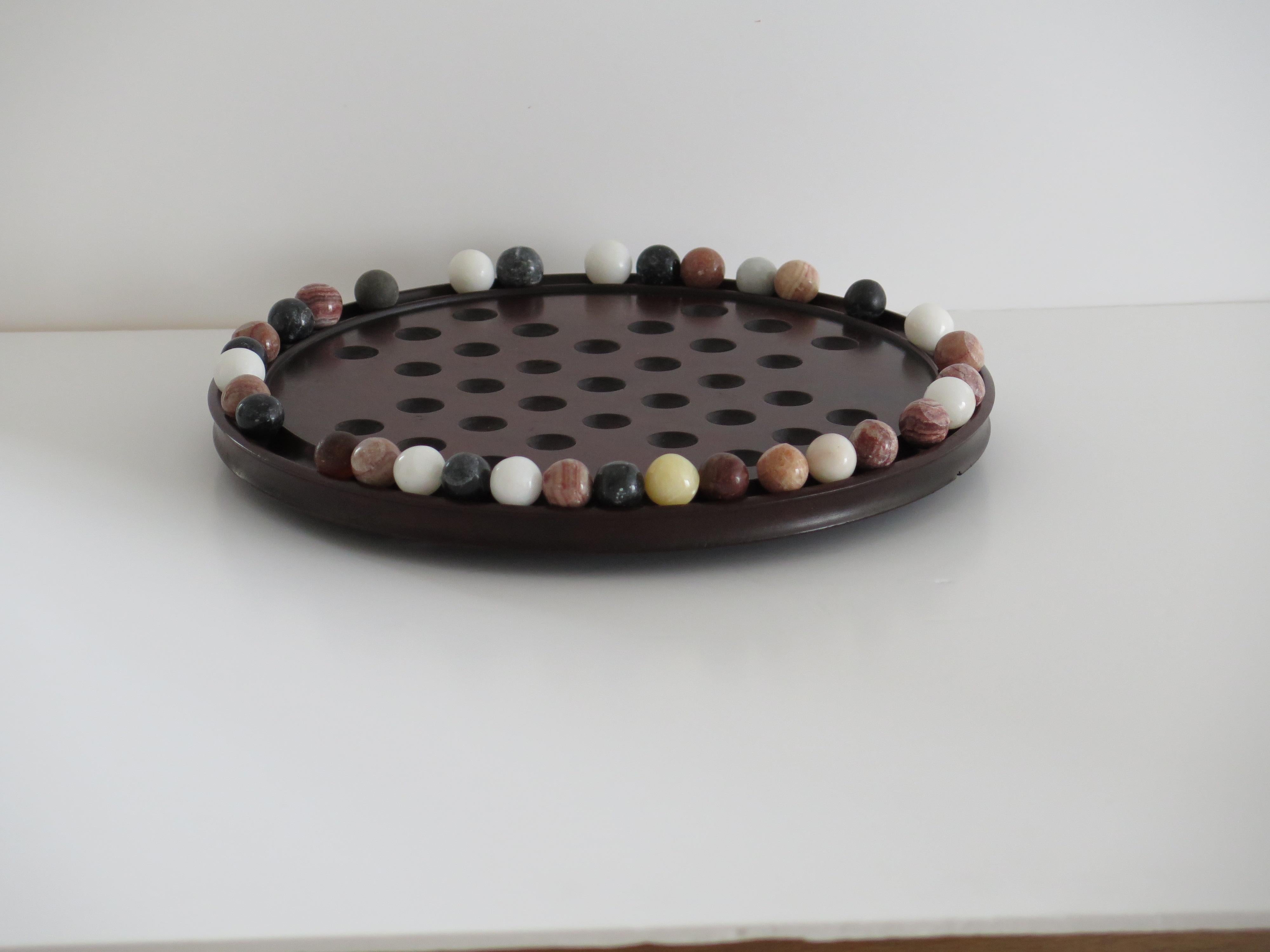 Agate 19th C. Marble Solitaire Game large diameter Hardwood Board and 33 agate marbles
