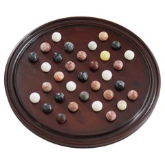 19th C. Marble Solitaire Game large diameter Hardwood Board and 33 agate marbles