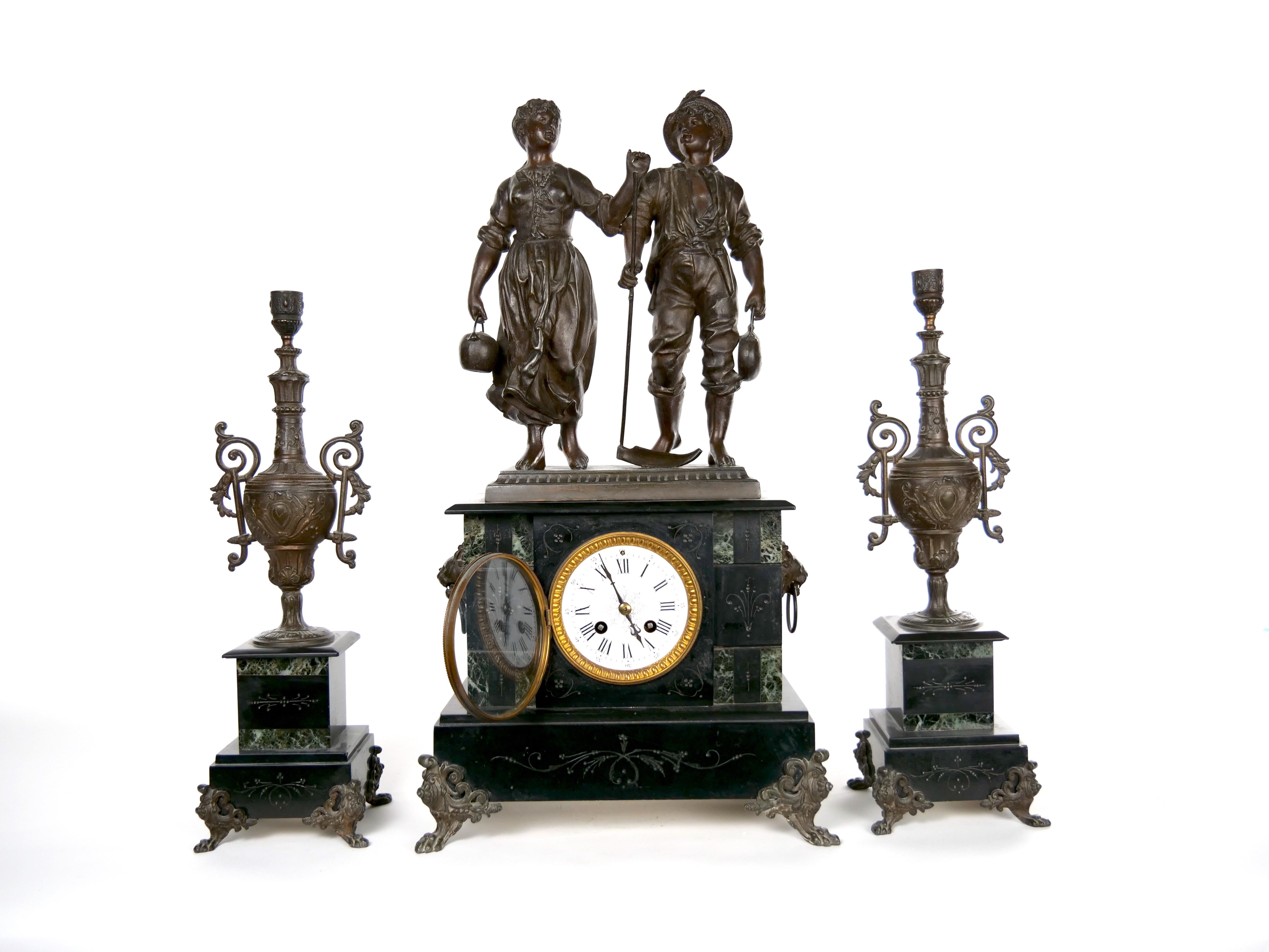 Hand-Painted 19th Century Marble / Spelter Clock Garniture Set