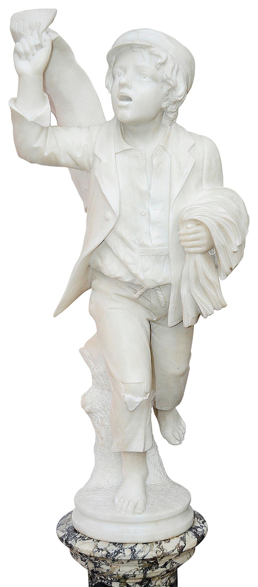 A very good quality late 19th century Carrera marble statue of a young street seller, selling newspapers. Measures: 197cm (77.5