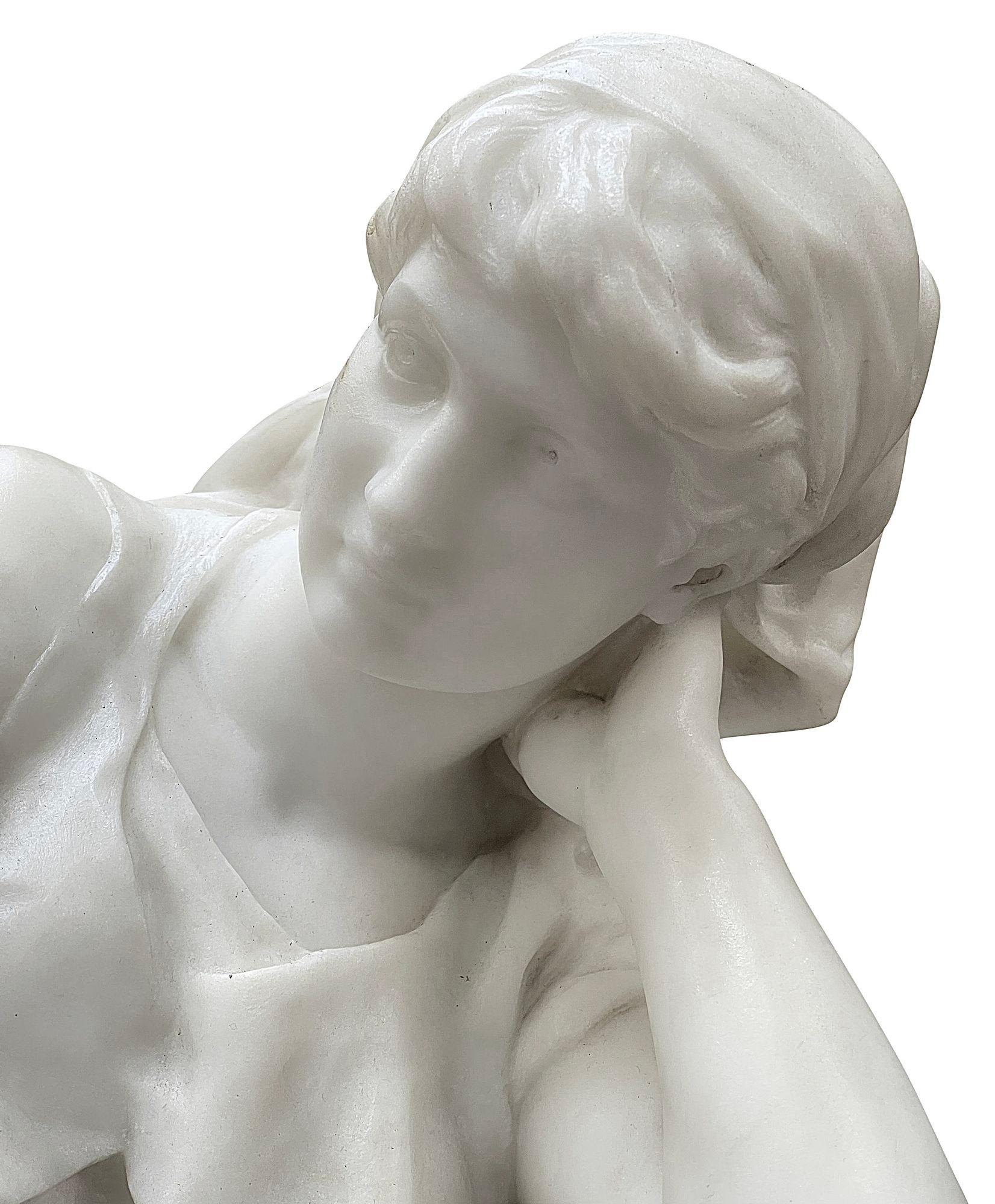 An enchanting 19th Century Carrera marble statue of a young girl flower seller resting.

Mathurin Moreau was a French sculptor in the academic style. Moreau was born in Dijon, first exhibited in the 1848 Salon, and finally received a medal of honor