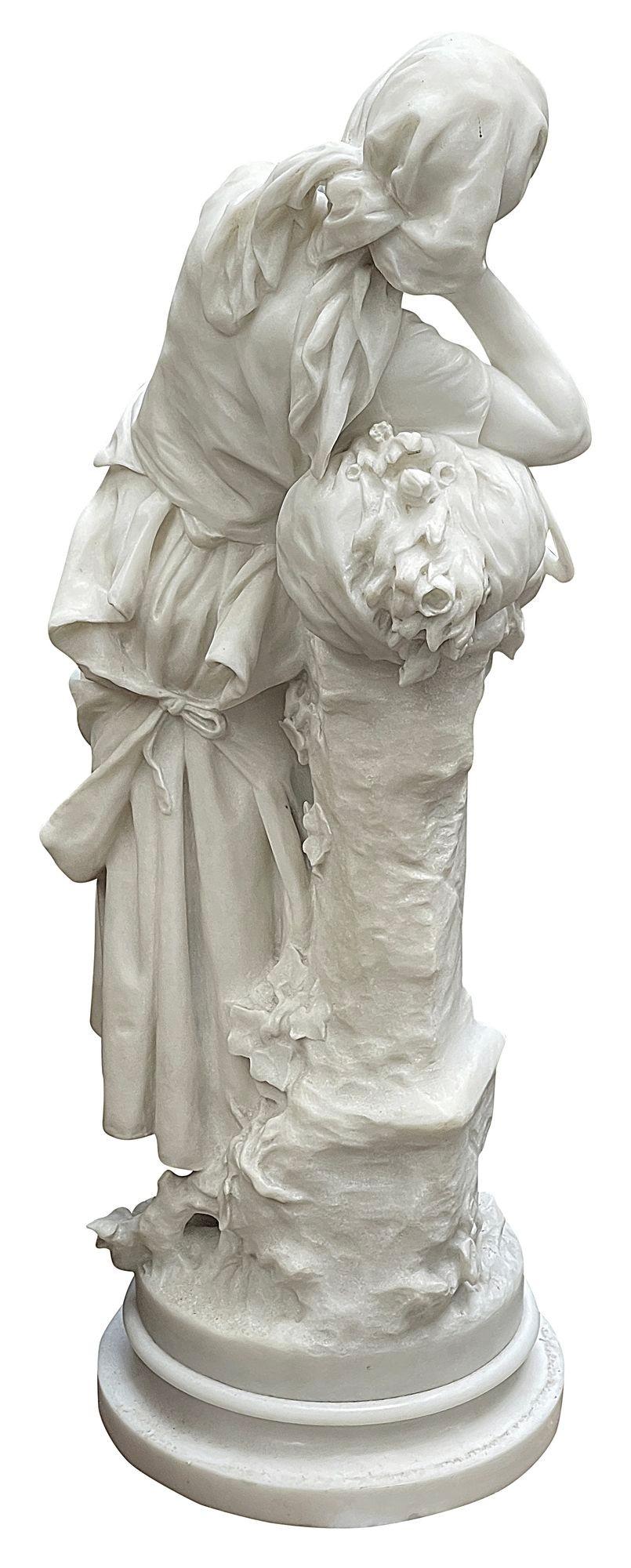 Hand-Carved 19th Century Marble statue of a flower seller, by Math. Moreau