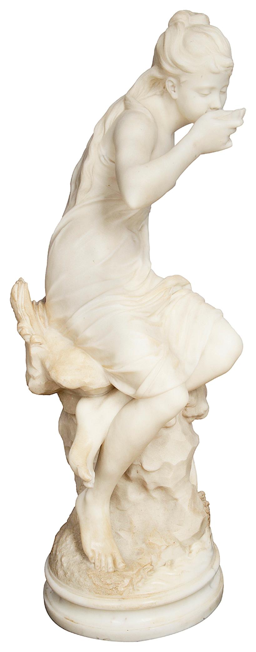 A fine quality 19th century Italian marble statue of an enchanting young girl sitting on a rock drinking water.
Signed; Orazio Andreoni
Orazio Andreoni was an Italian 19th sculptor and professor based in Rome whose works in marble were of subjects