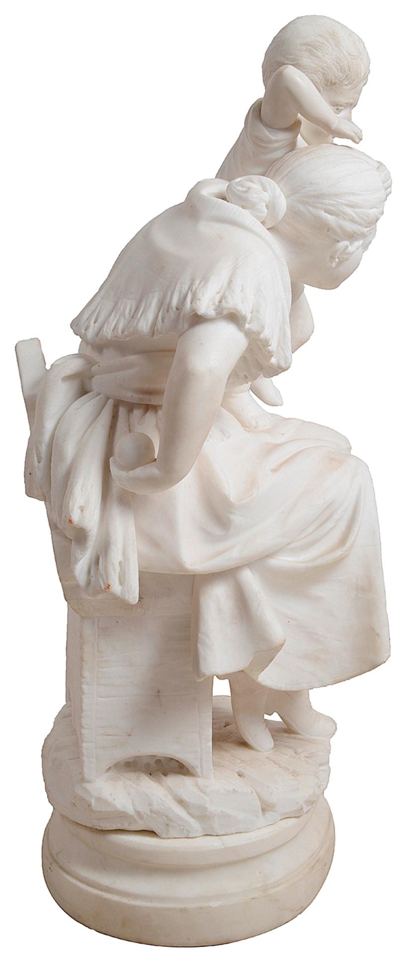 Hand-Carved 19th Century Marble Statue of Mother and Child For Sale