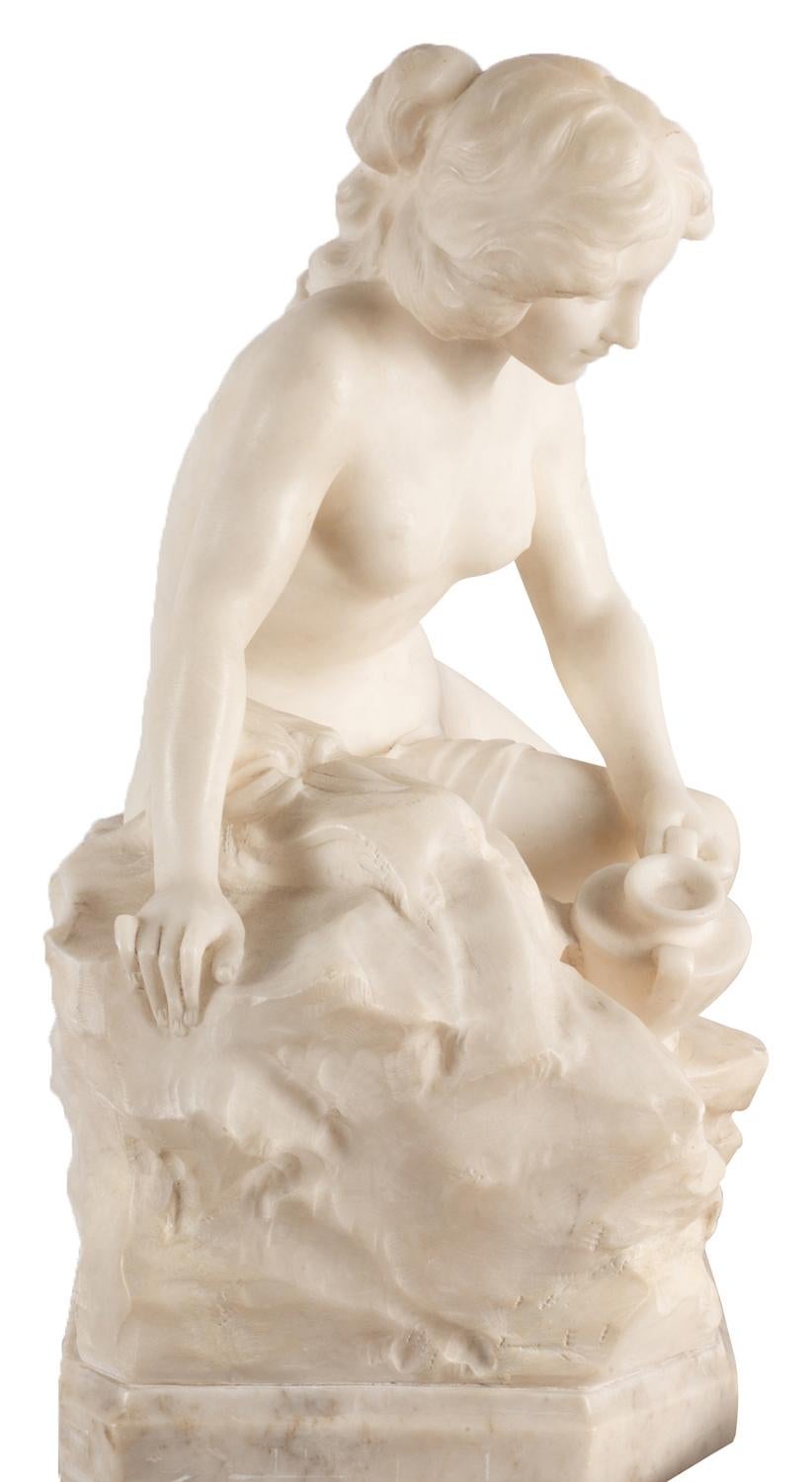 Hand-Carved 19th Century Marble Statue of Seated Nude Collecting Water
