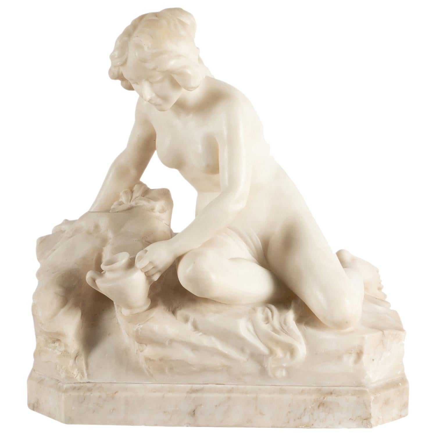 19th Century Marble Statue of Seated Nude Collecting Water